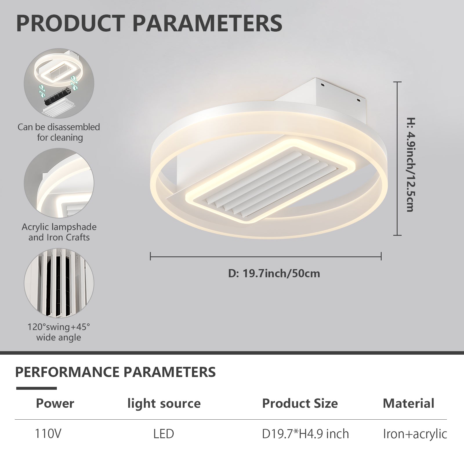 Lampe de ventilateur sans pales avec lumières LED à intensité variable
