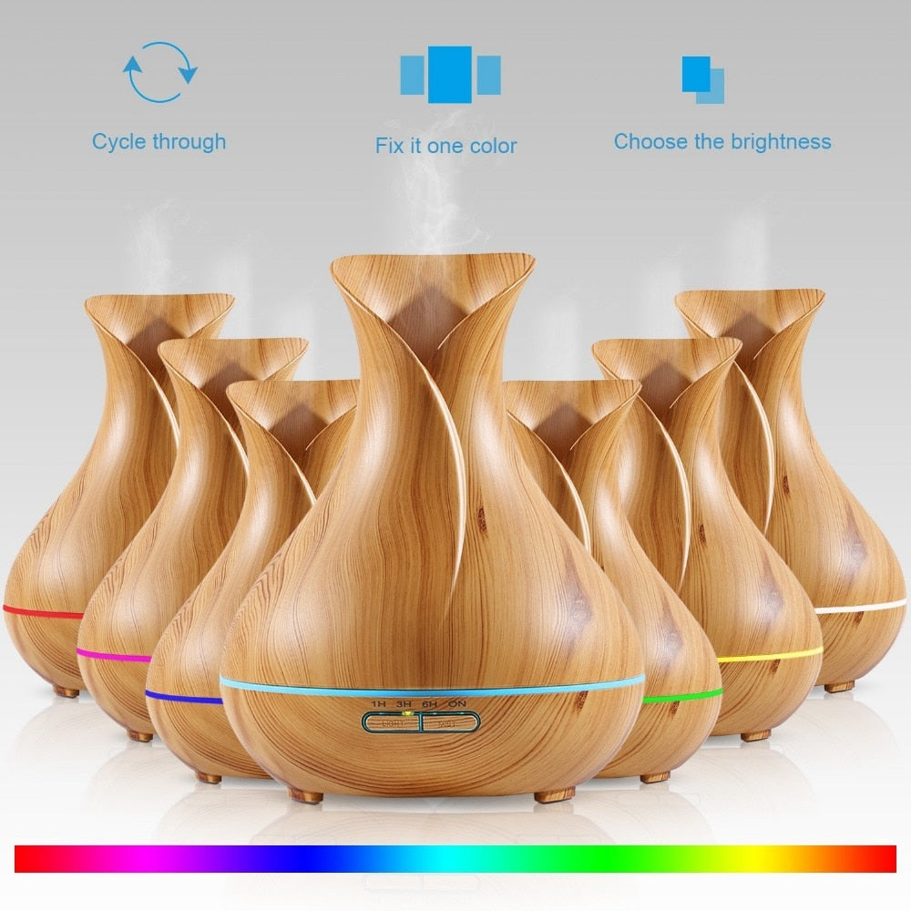 Ultrasonic Humidifier Tulip Vase Style 14W 400ML Wood Grain Cool-Mist Aromatherapy Essential Oil Diffuser