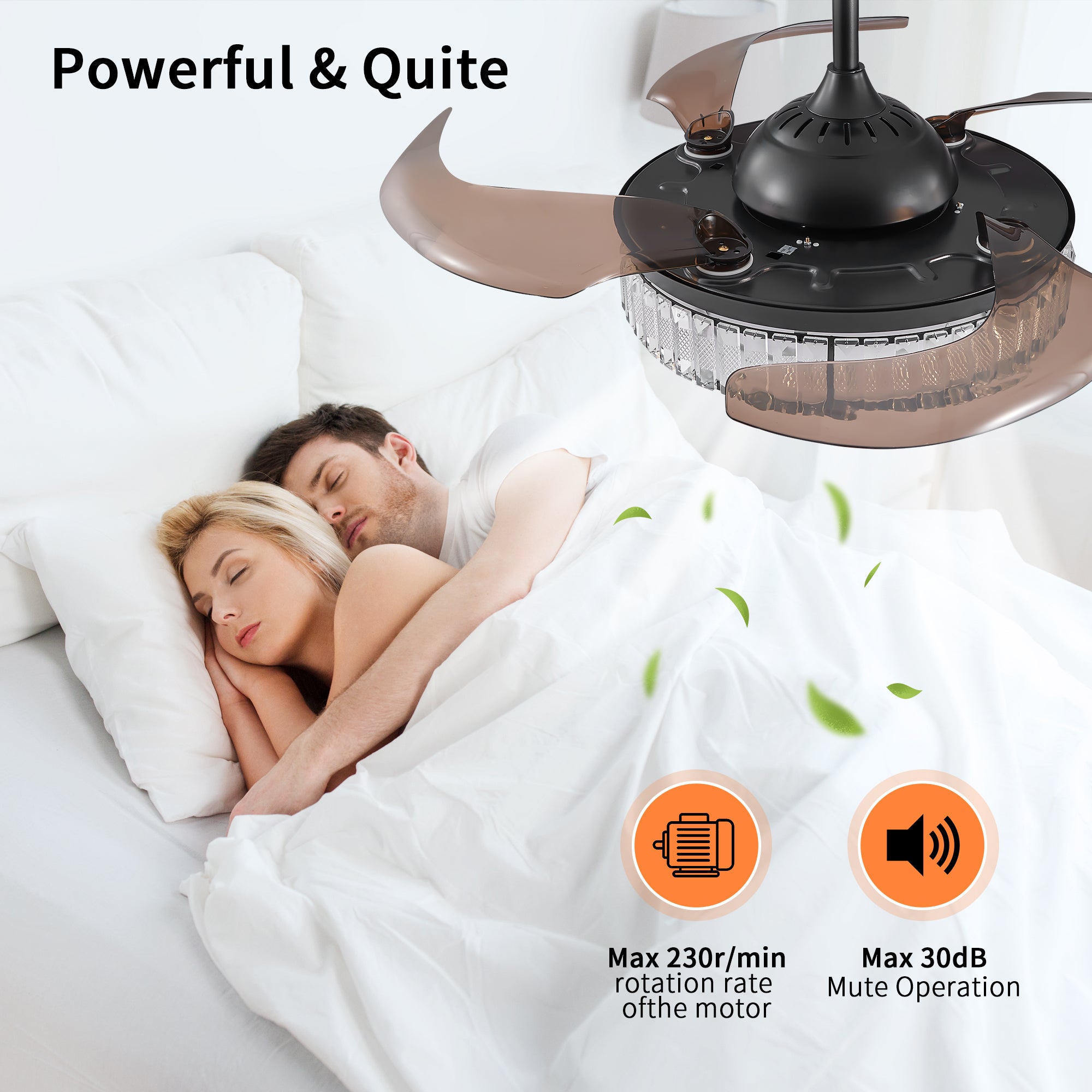 Ventilateur de plafond rétractable LED moderne avec éclairage et télécommande, moteur réversible silencieux, ventilateur de plafond moderne à 4 pales