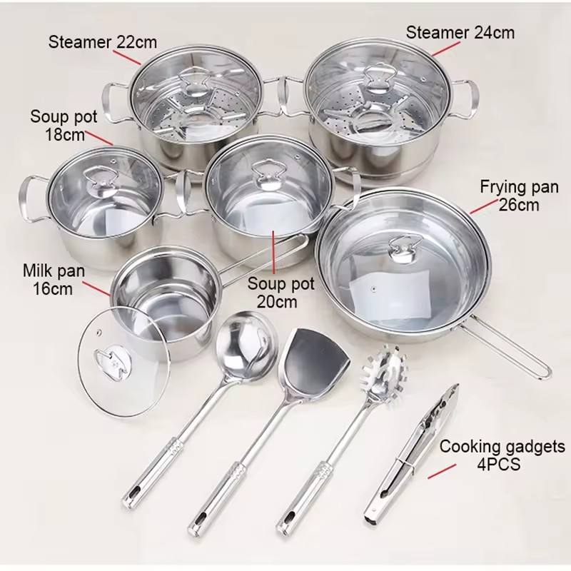 Batterie de cuisine en acier inoxydable de 18 pièces, ensemble de cuisine domestique, ensemble de marmites à soupe 16-26 cm, ensemble de couverts, ensemble de casseroles