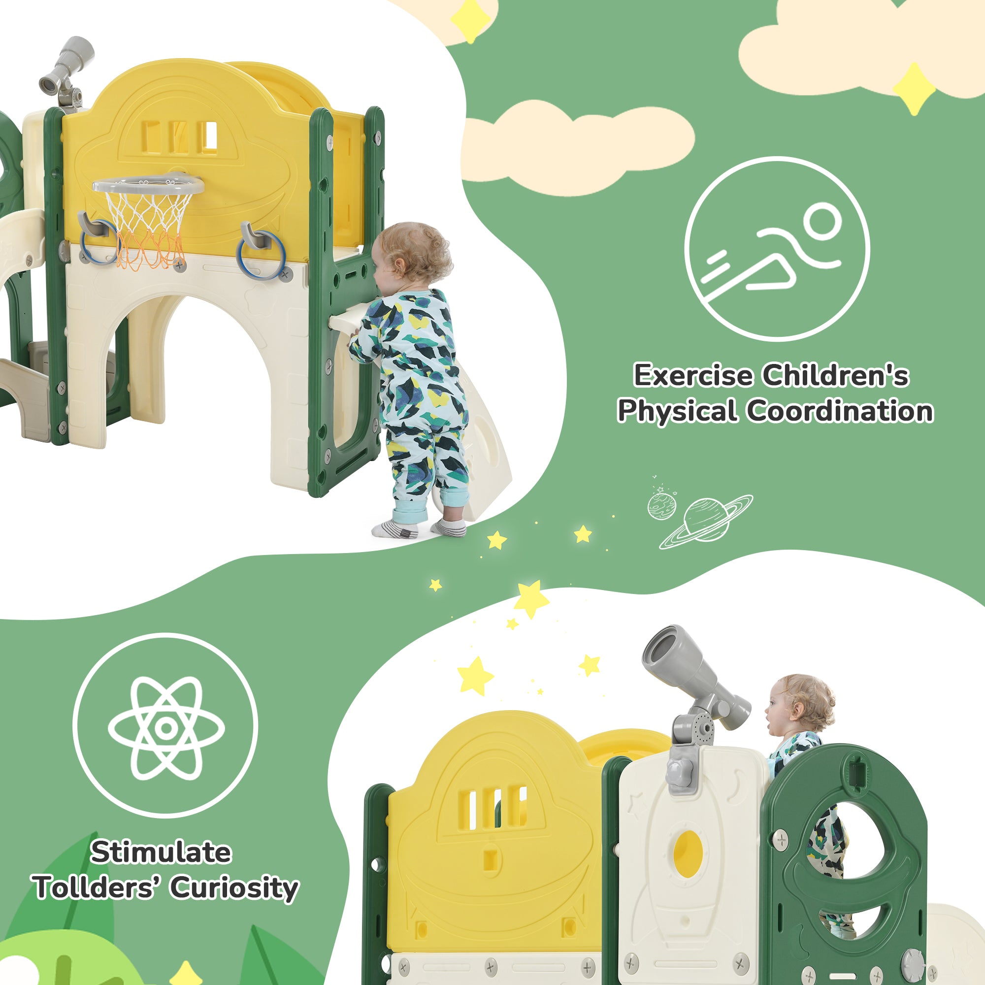 Structure de jeu pour enfants 7 en 1, vaisseau spatial autonome avec toboggan, tunnel en arche jaune + PEHD