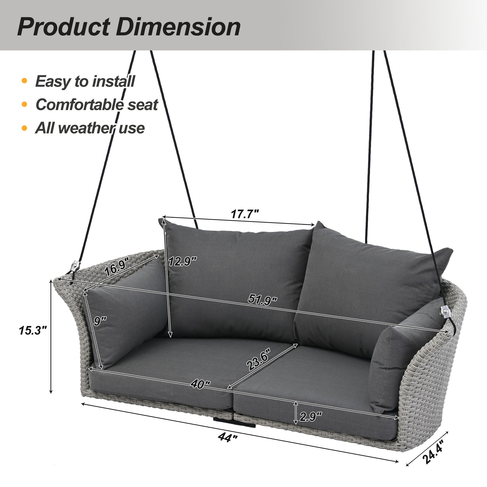 Siège suspendu GO 51,9" pour 2 personnes, balancelle en rotin tressé, balançoire de porche avec cordes, osier gris et coussin