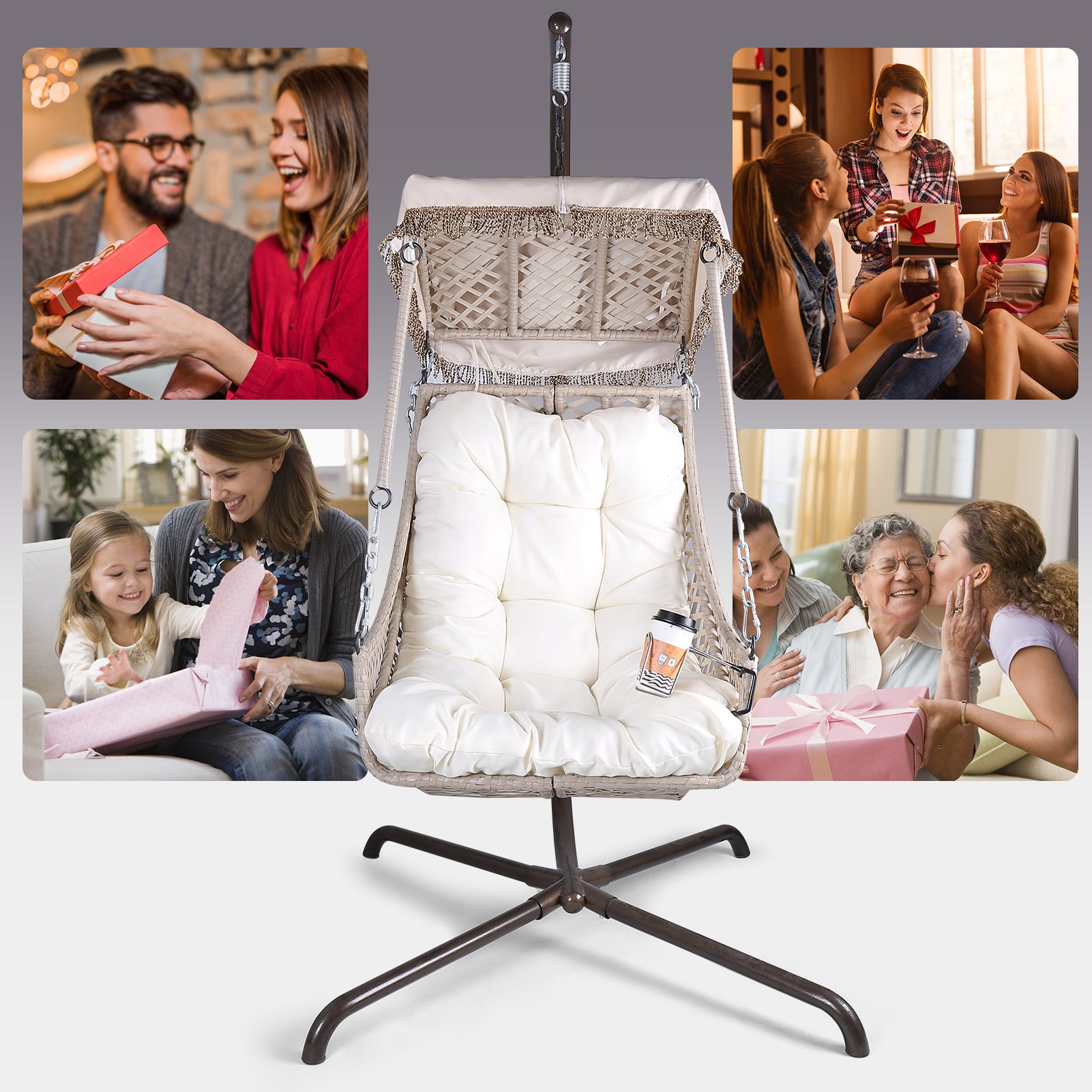 Chaise pivotante avec support, cadre en rotin et osier, capacité de 158 kg, pour patio, chambre à coucher, avec pare-soleil