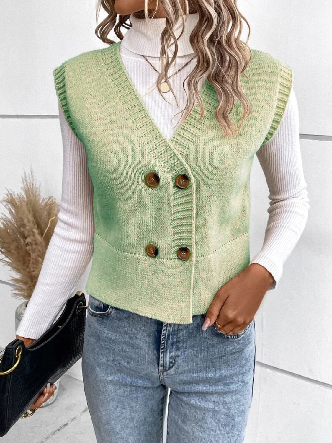Gilet pull boutonné à col en V pleine grandeur