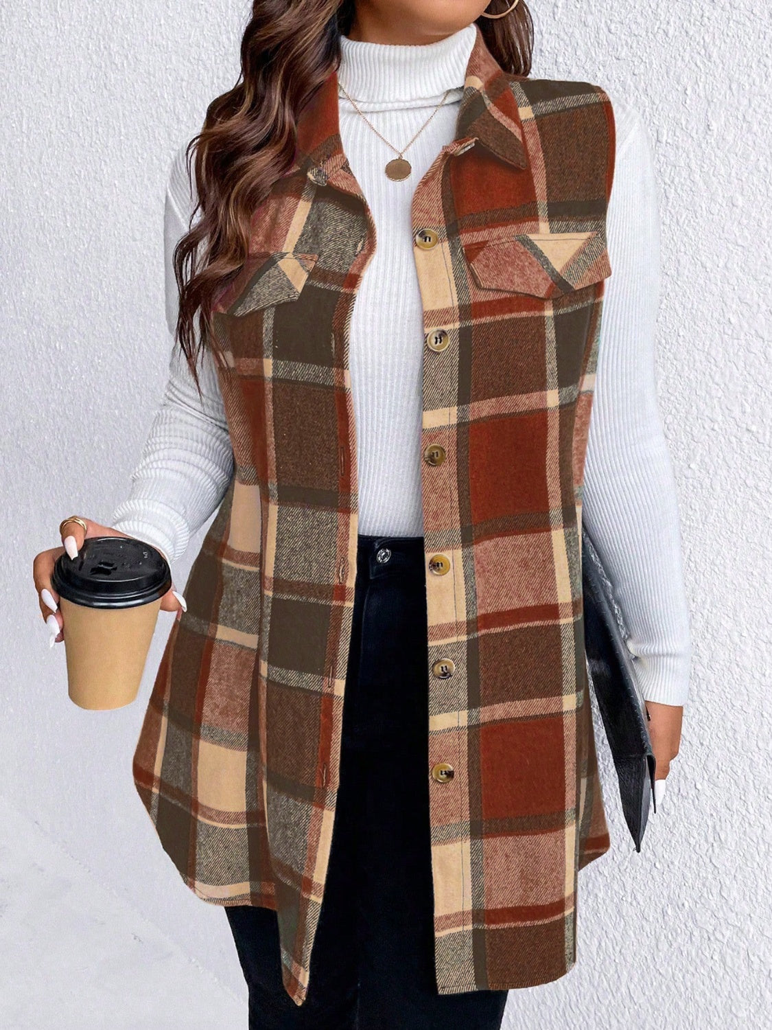 Manteau sans manches boutonné à carreaux et poches Honey grande taille