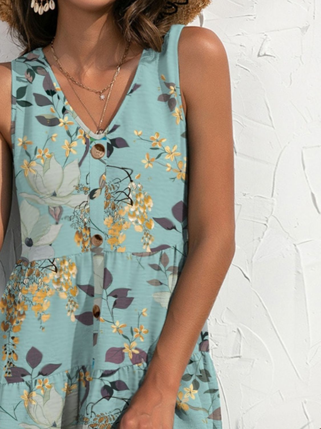 Mini-robe sans manches à col en V imprimée FAM-FAM