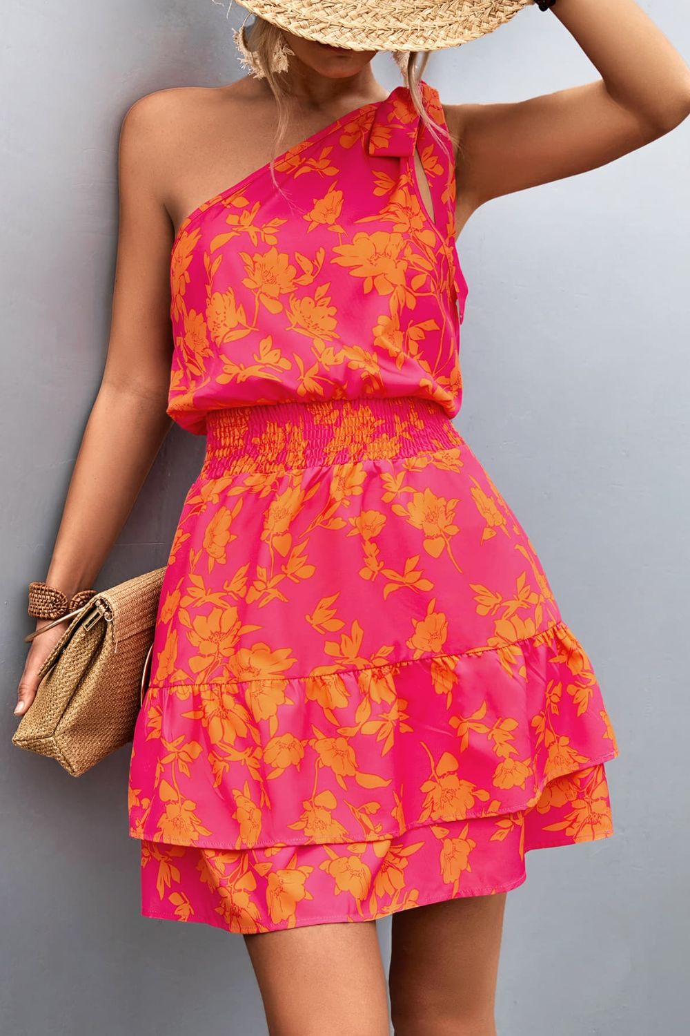 Robe imprimée à smocks et à épaule unique