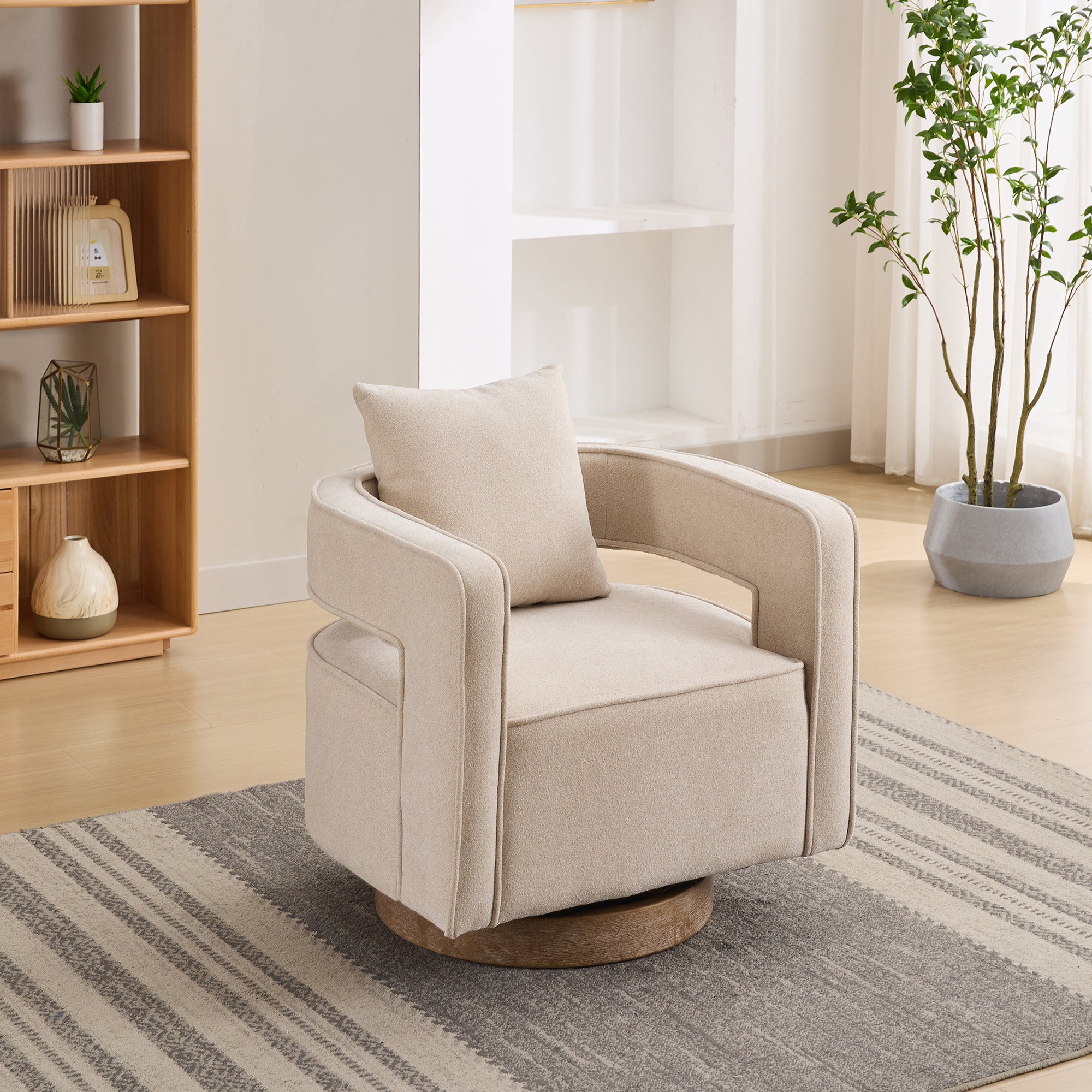 29.1"W Swivel Accent Open Back Chair Modern Comfy Sofa Chair With Weathered Base  (Beige,Linen Blend)