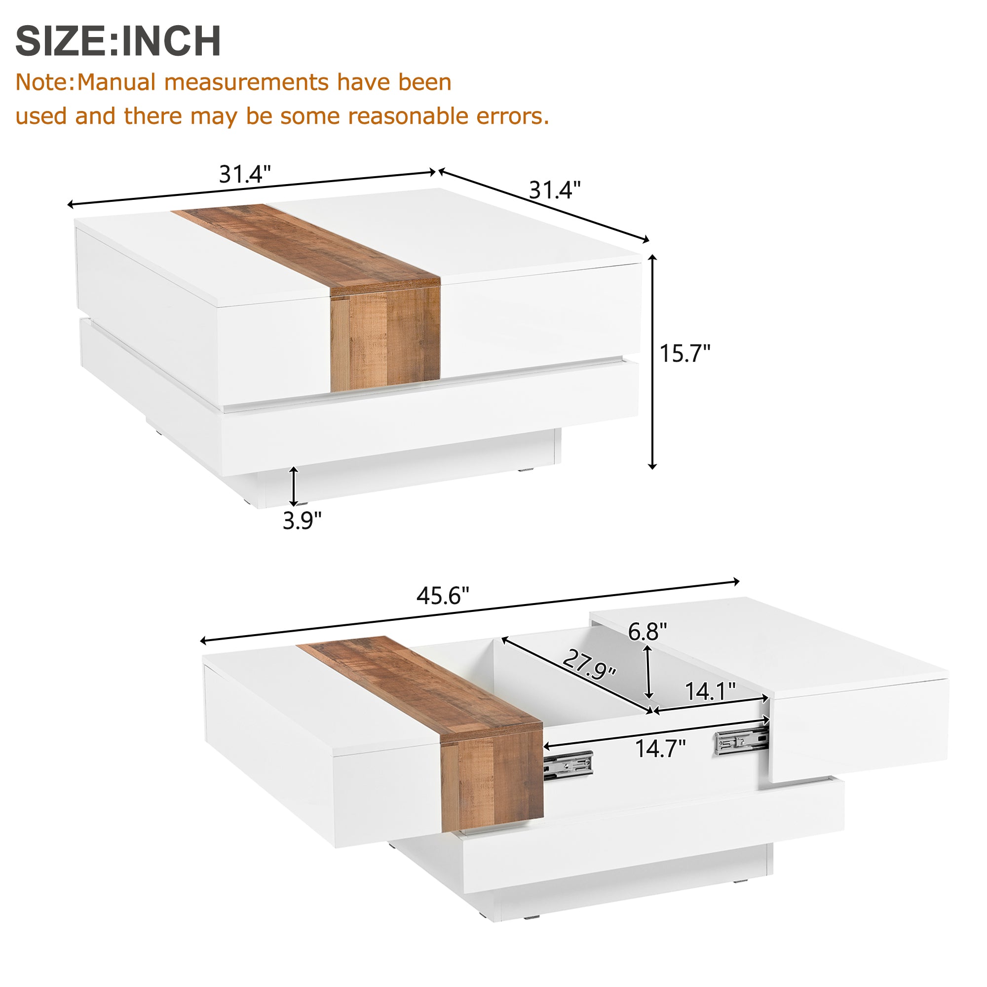 ON-TRANS 31,4 pouces x 31,4 pouces avec plateau coulissant, table centrale haute brillance, espace de rangement caché blanc