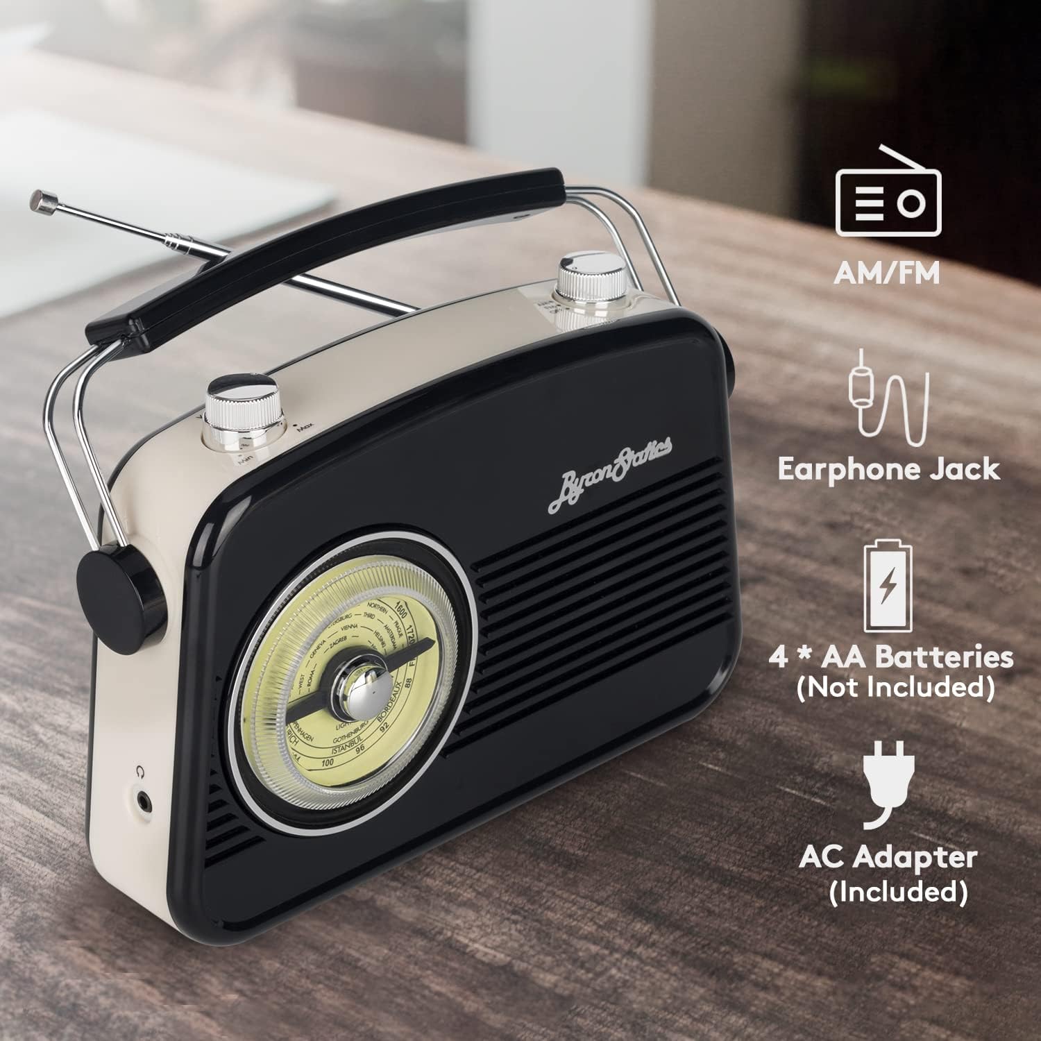 Radio AM FM noire - Petite radio portable vintage/rétro avec prise casque et grand cadran rotatif analogique