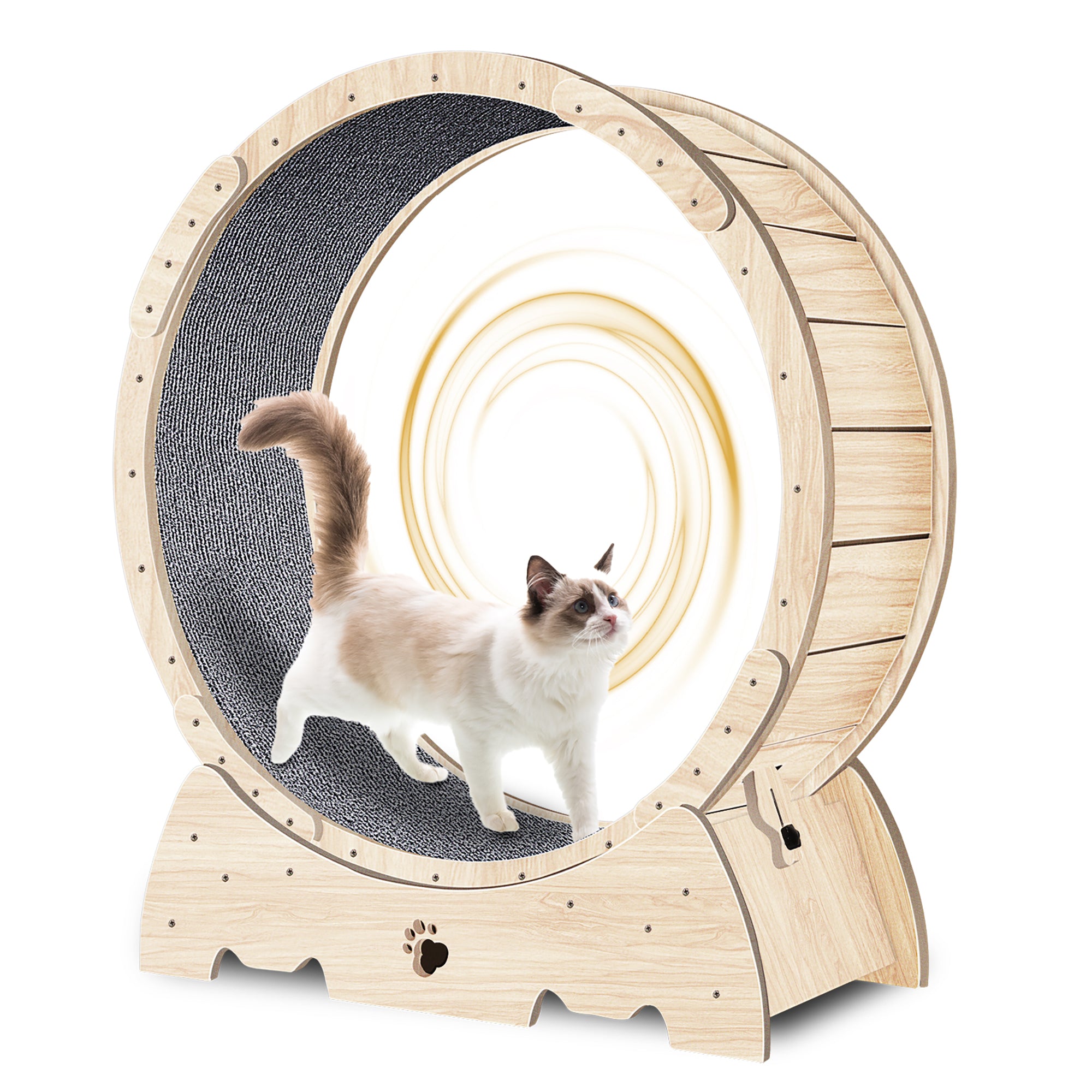 Roue d'exercice pour chats d'intérieur, roue de course pour chats avec tapis, 94 cm, couleur bois naturel