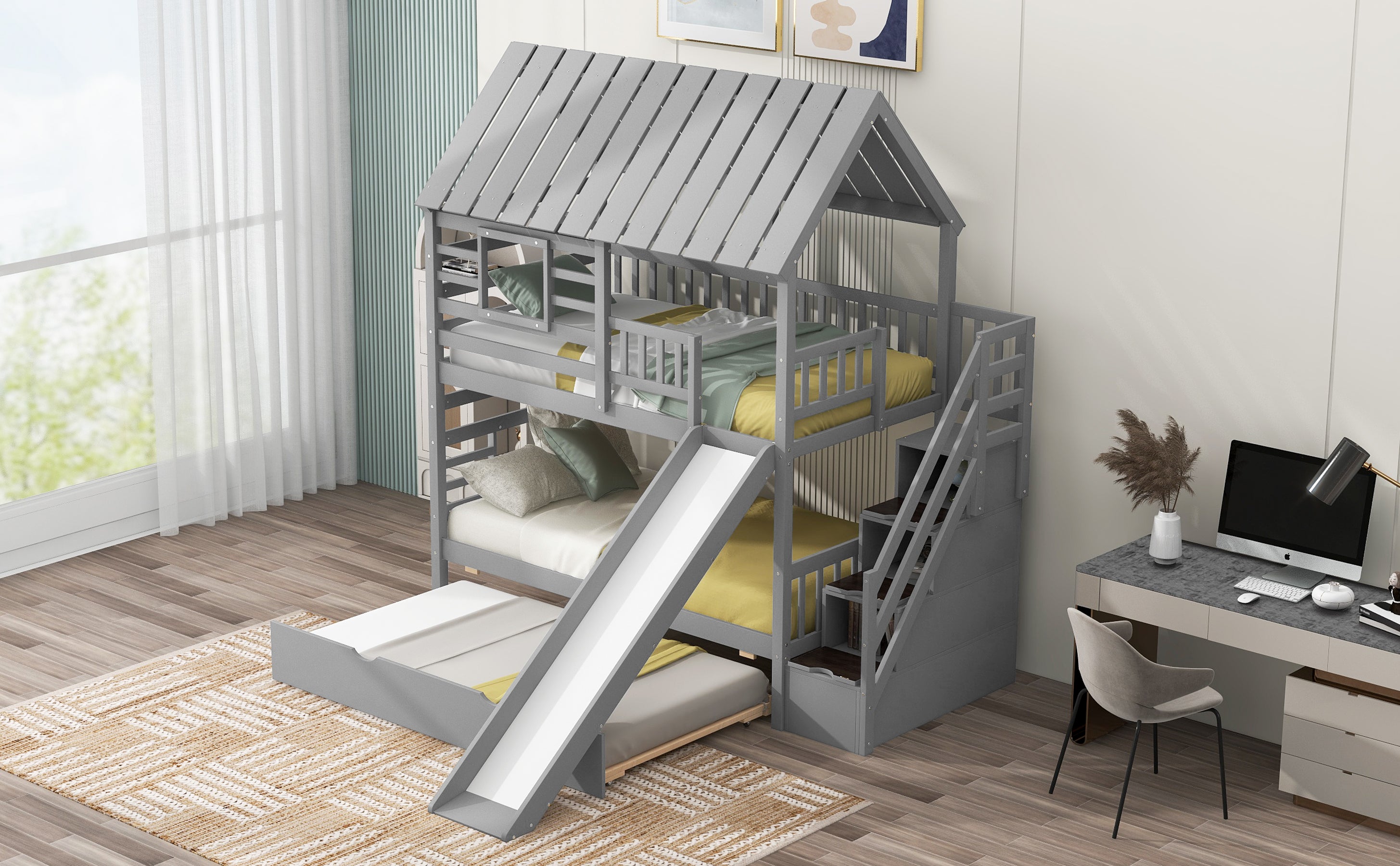 Lit superposé Twin over Twin House avec lit gigogne et rangement coulissant, escalier, toit et fenêtre, design gris