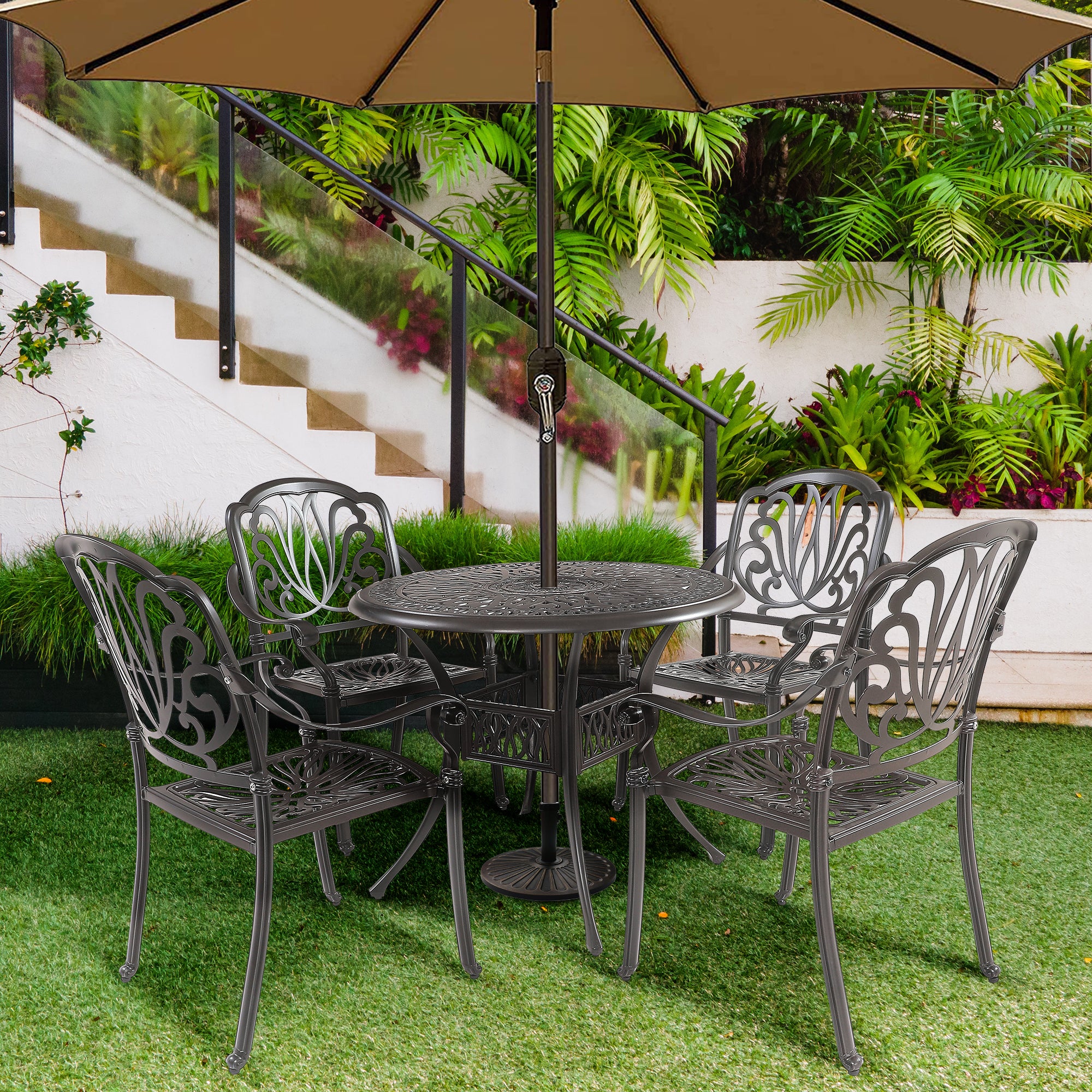 Ensemble de 5 tables à manger pour meubles d'extérieur comprenant 1 table ronde et 4 chaises avec trou pour parasol