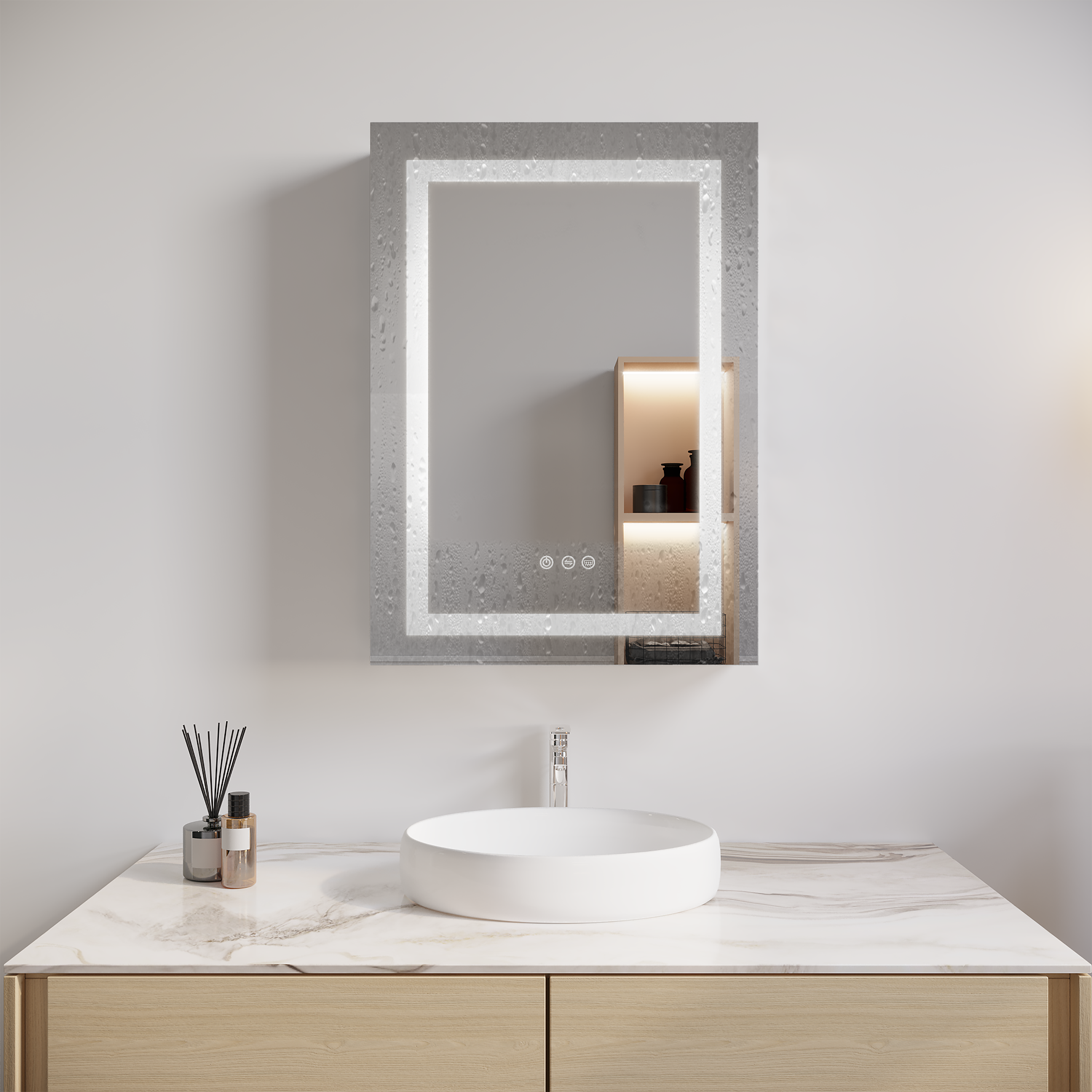 Armoire à pharmacie de salle de bain 26x20 pouces (porte gauche) avec miroir LED 3000K ~ 6000K éclairage à porte simple armoire de salle de bain avec interrupteur tactile réglable
