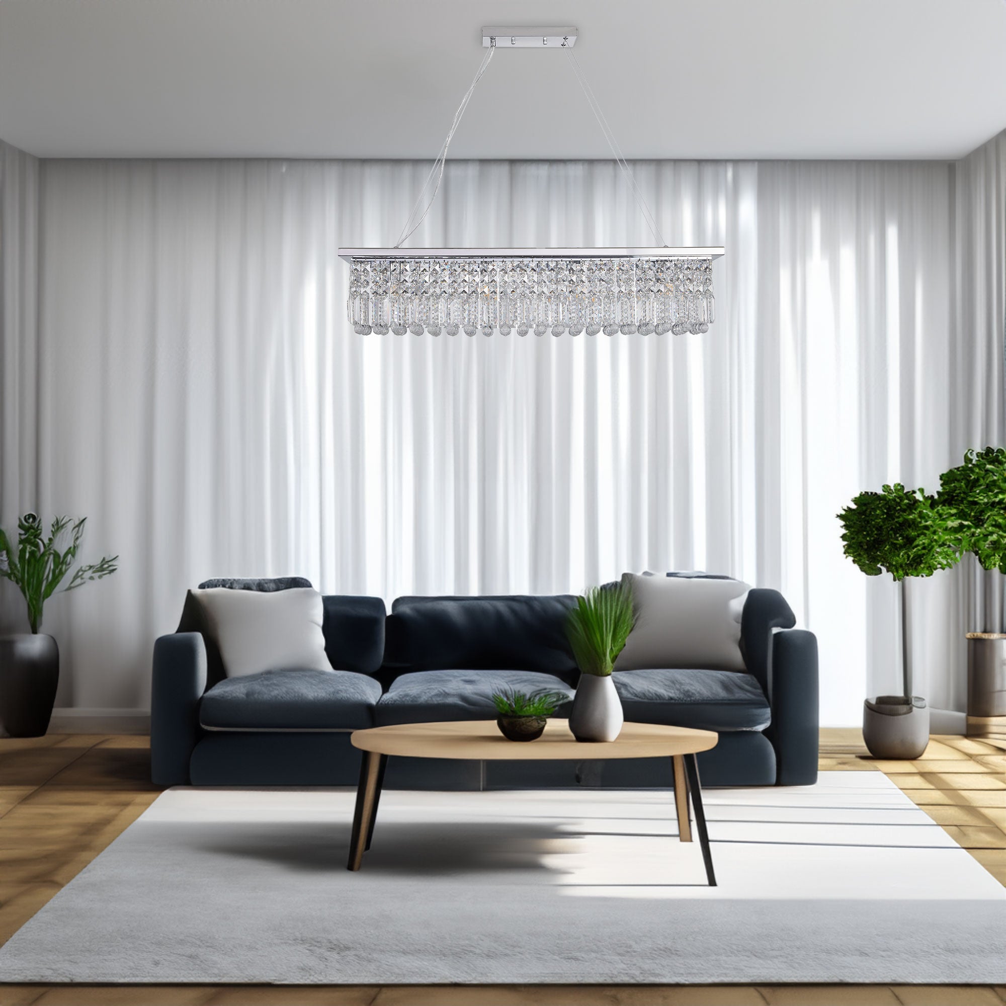 Lustre moderne en cristal pour salle à manger, 8 lumières, forme rectangulaire, blanc, forme goutte d'eau (L 99,4 x l 24,9 x H 22,1 cm) (ampoule non incluse)
