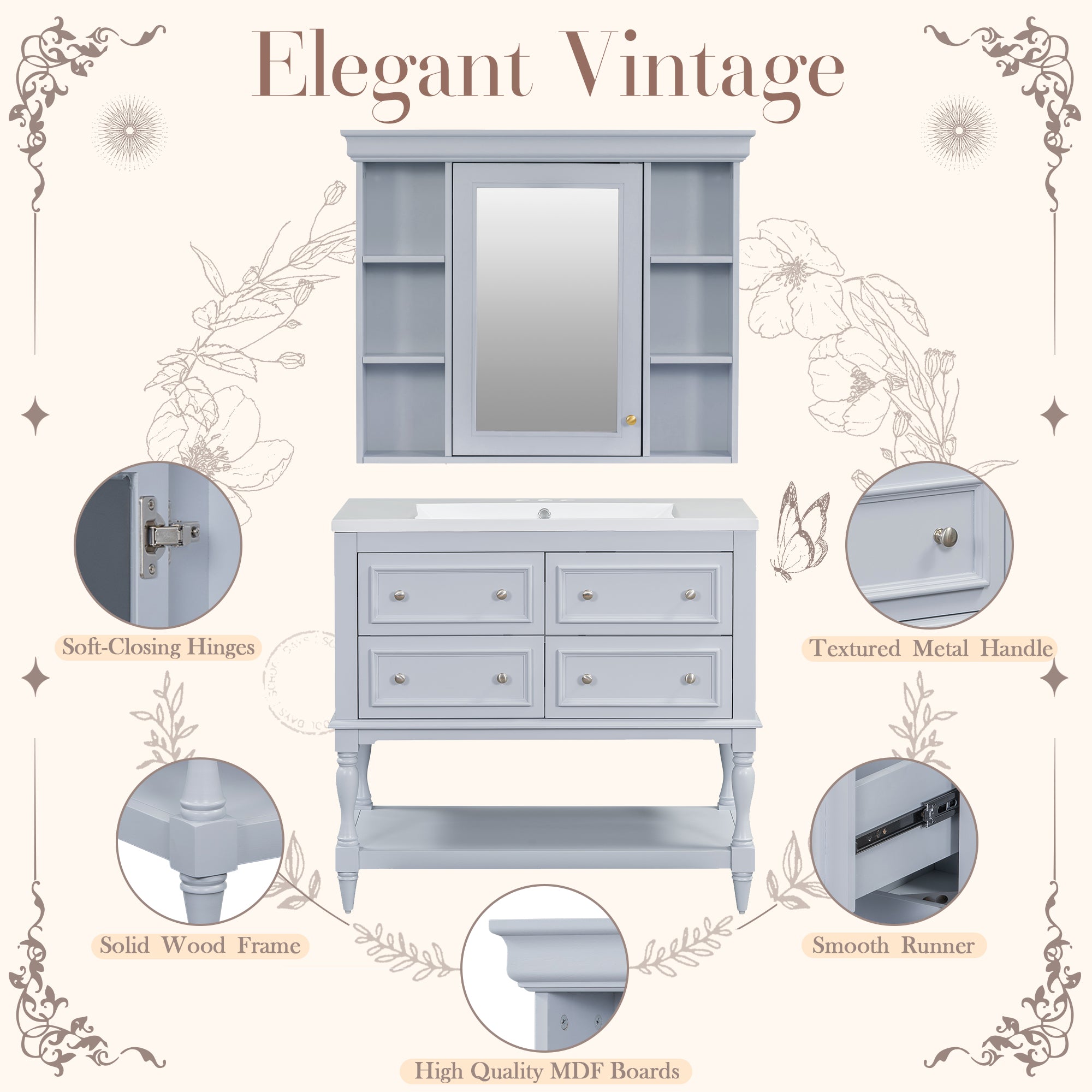 Meuble-lavabo de salle de bain 36'' avec armoire à pharmacie, armoire à miroir moderne avec étagère réglable, meuble de rangement de salle de bain avec 4 tiroirs