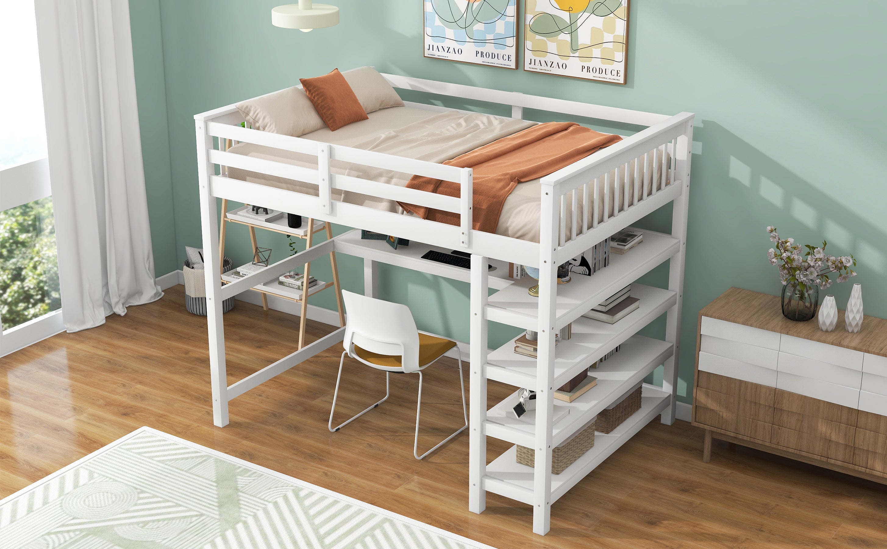 Full Size Loft Bed with Storage Shelves and Under-bed Desk White