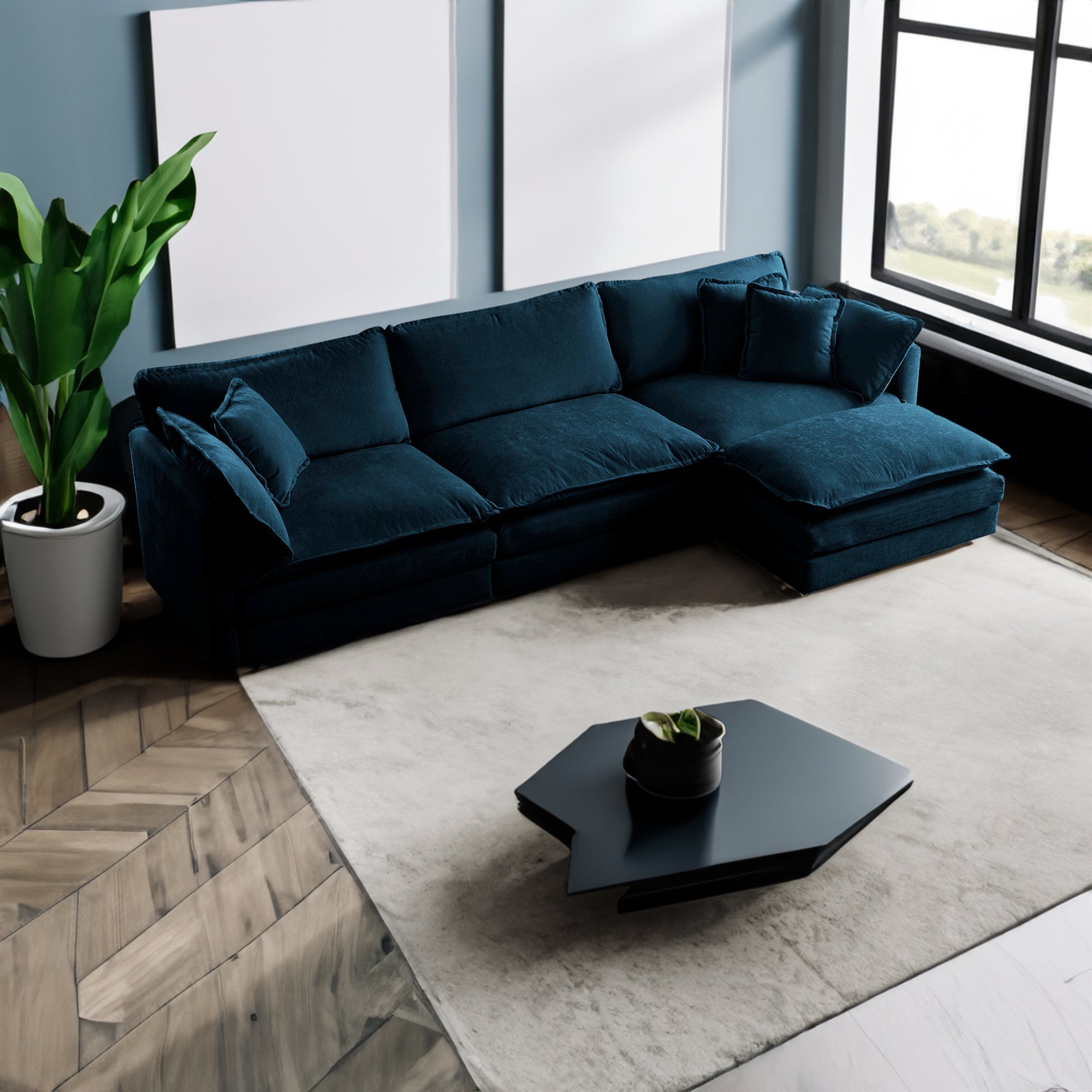 Canapé modulable en L, rembourré et confortable, avec pouf réversible, tissu chenille bleu