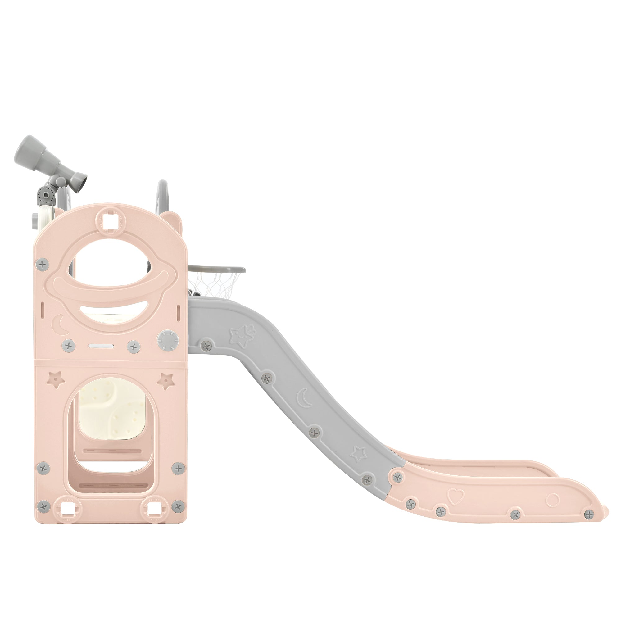 Structure de jeu pour enfants 7 en 1, vaisseau spatial autonome avec toboggan, tunnel en arche rose et gris + PEHD