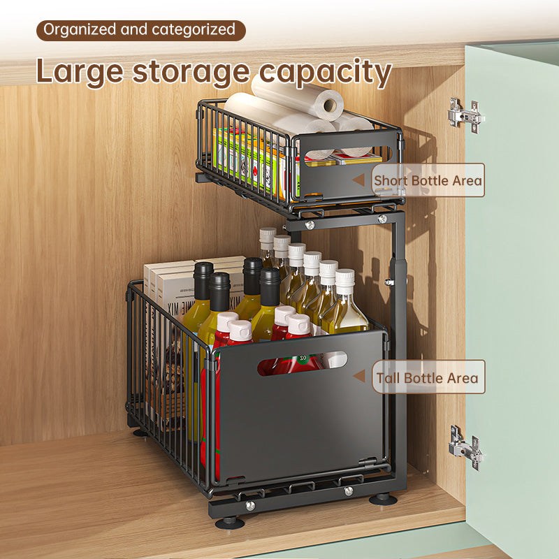 2-tier pull-out cabinet organizer, adjustable kitchen basket, under-sink organizer, spice rack, drawer slide.