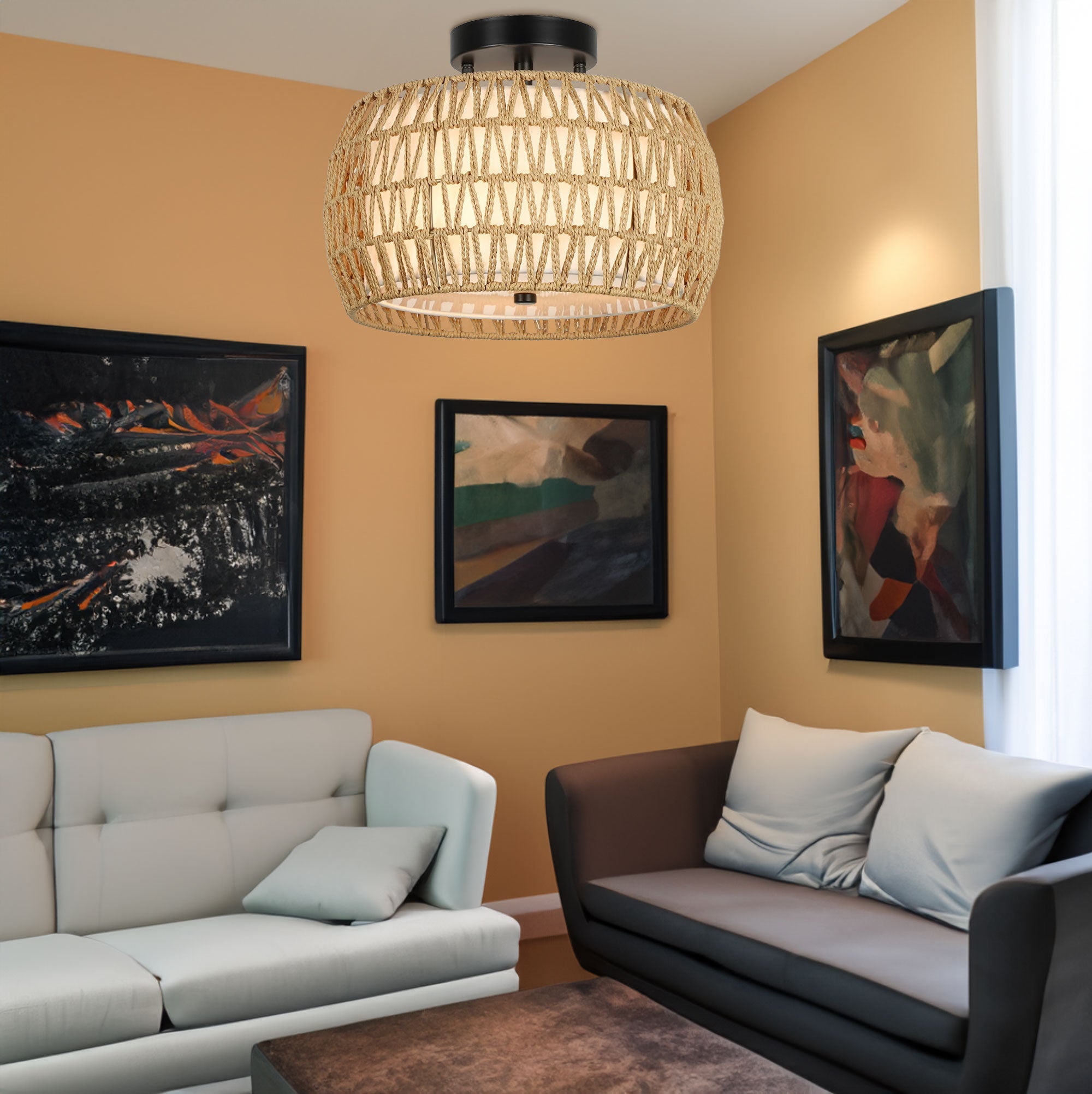 Plafonnier Boho, semi-encastré en rotin, luminaire de style campagnard avec abat-jour en tissu
