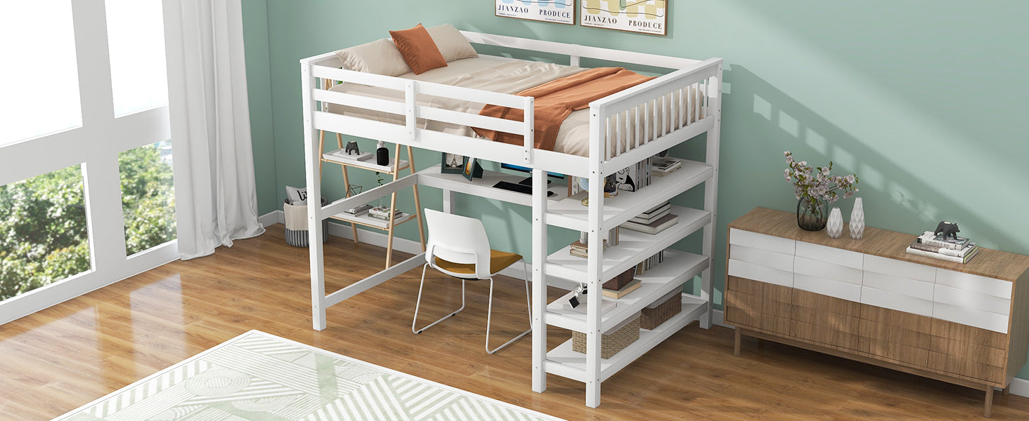 Full Size Loft Bed with Storage Shelves and Under-bed Desk White