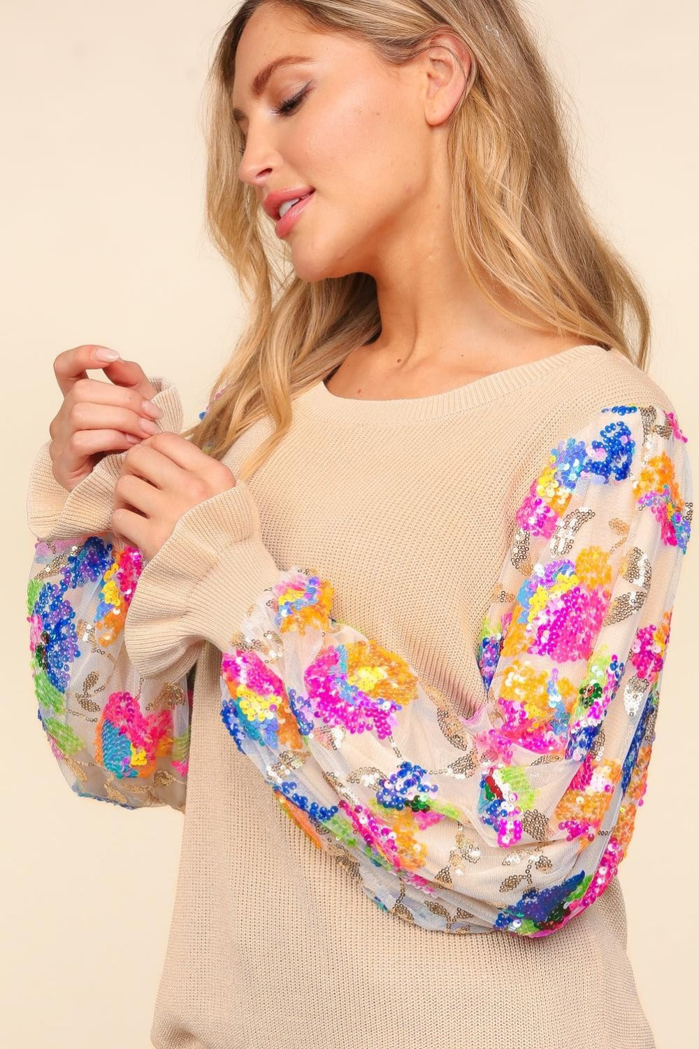 Pull à manches volantées en maille à paillettes florales Haptics