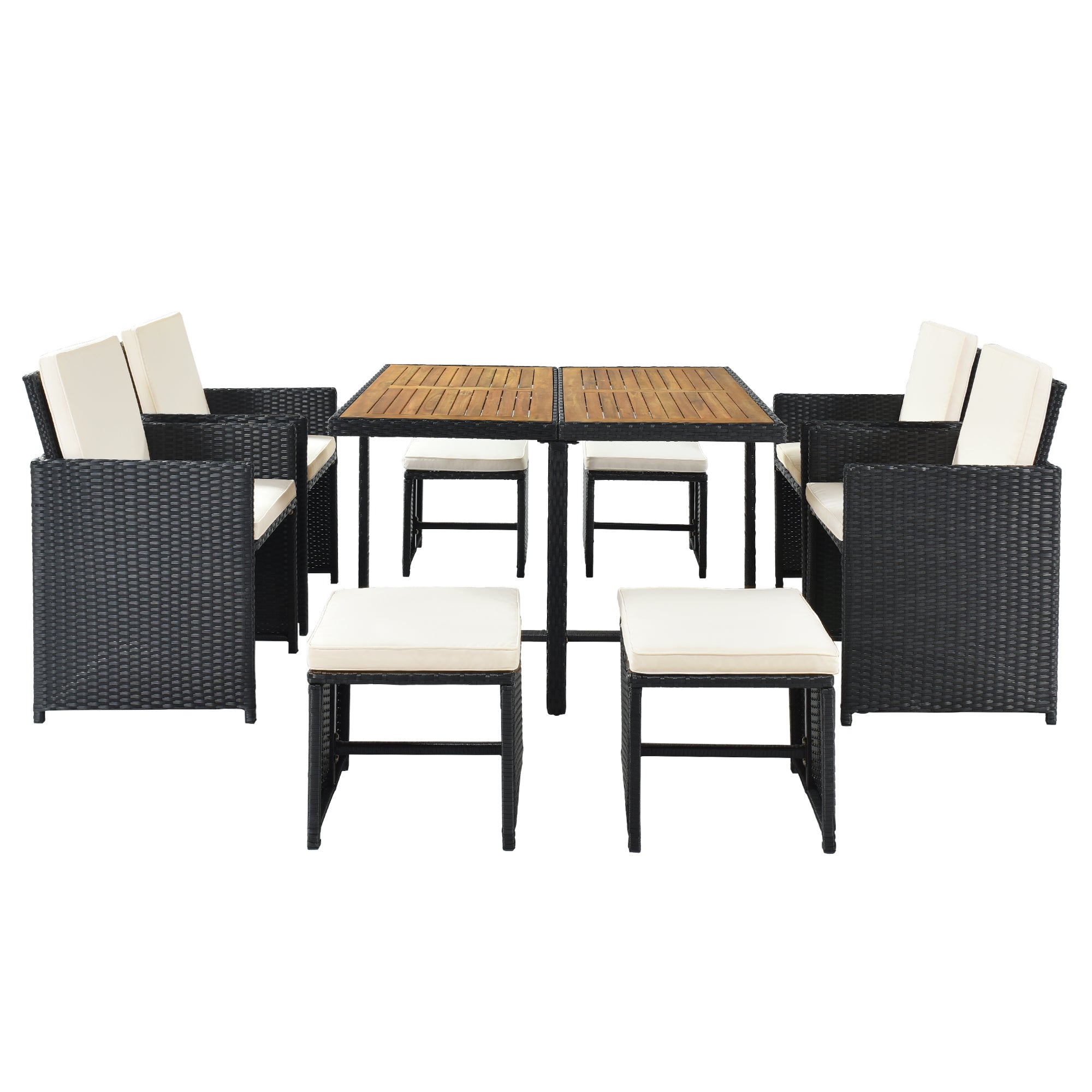 Ensemble de salle à manger TOPMAX Patio en osier PE toutes saisons avec plateau en bois pour 8 personnes, rotin noir et coussin beige (9 pièces)