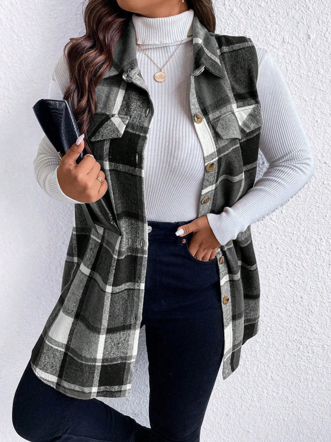 Manteau sans manches boutonné à carreaux et poches Honey grande taille