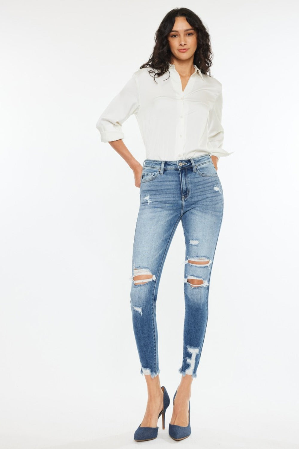 Jean skinny Kancan taille haute effiloché à la cheville