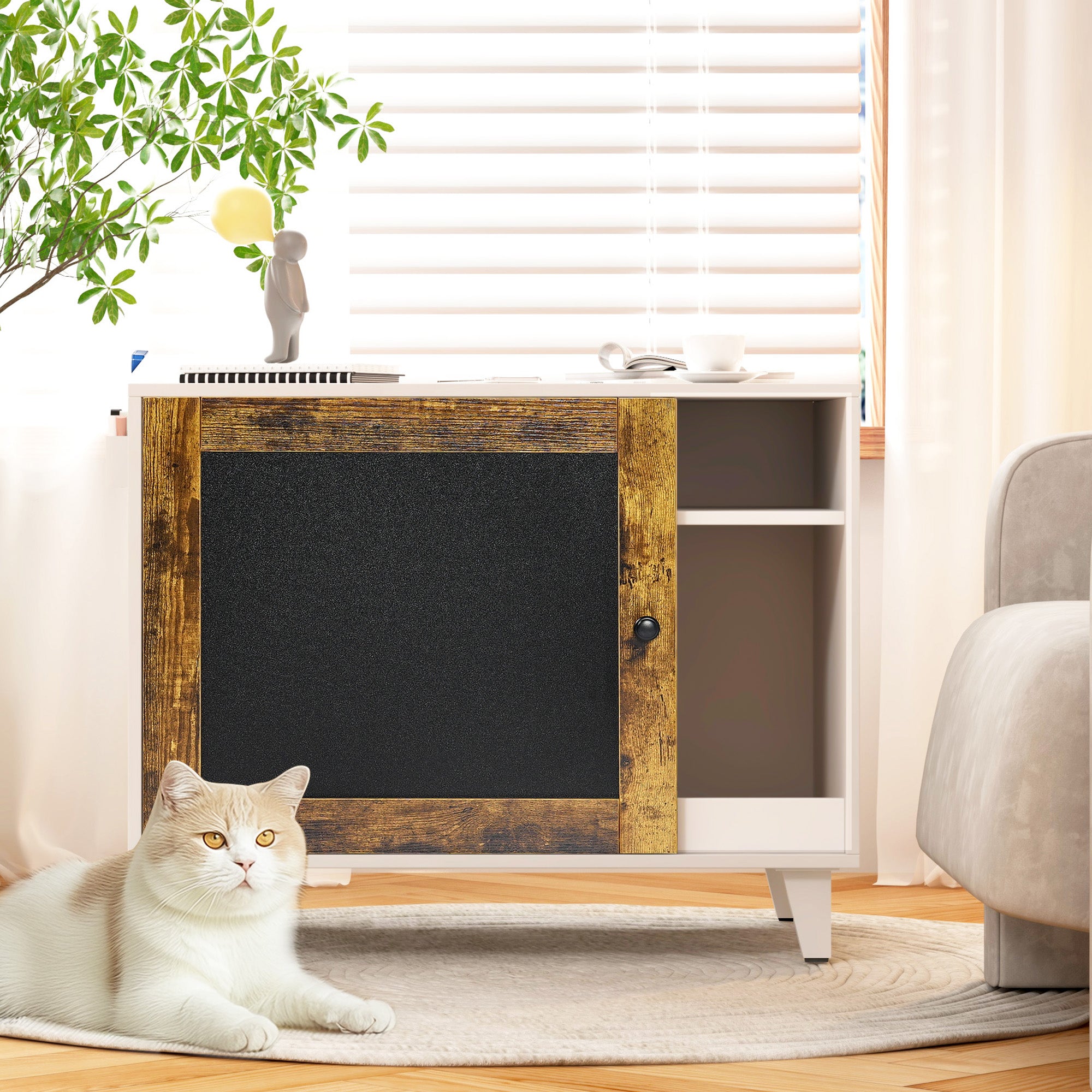 Bac à litière moderne et dissimulé pour chat, avec griffoir, idéal pour le salon, blanc et vintage