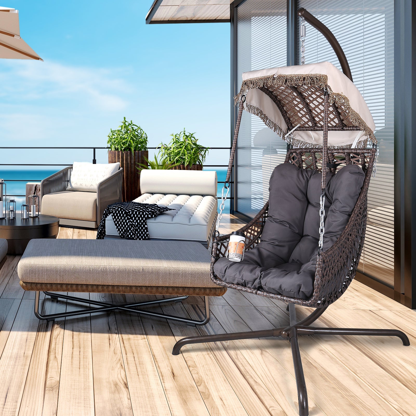 Chaise hamac pivotante avec support, cadre en rotin et osier, capacité de 350 lb