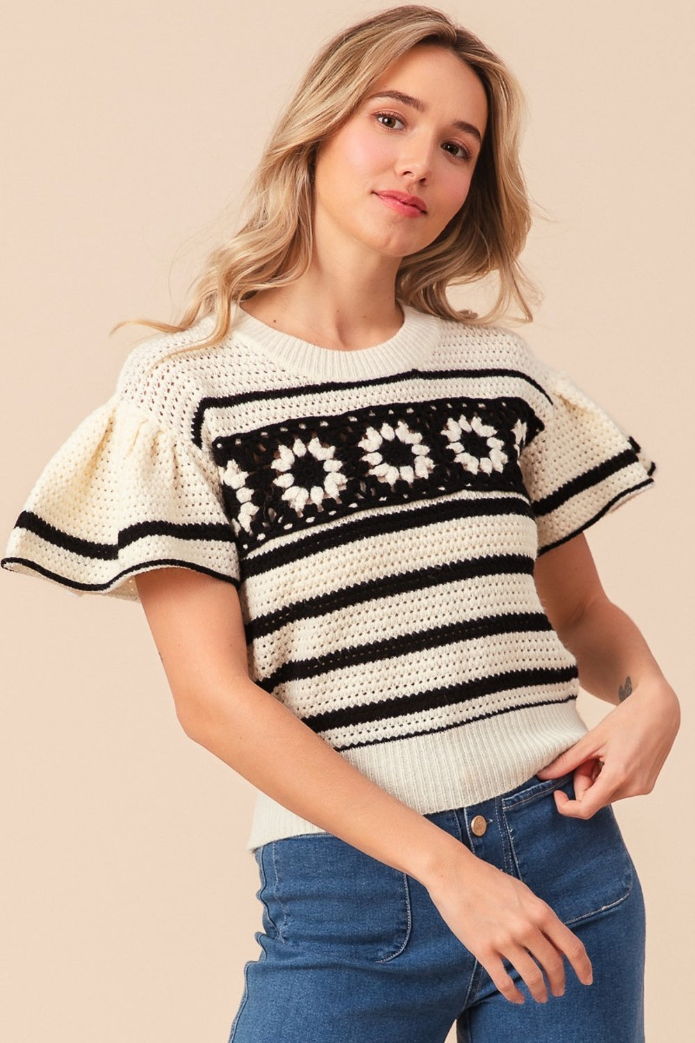 Pull rayé à manches courtes BiBi Granny Square