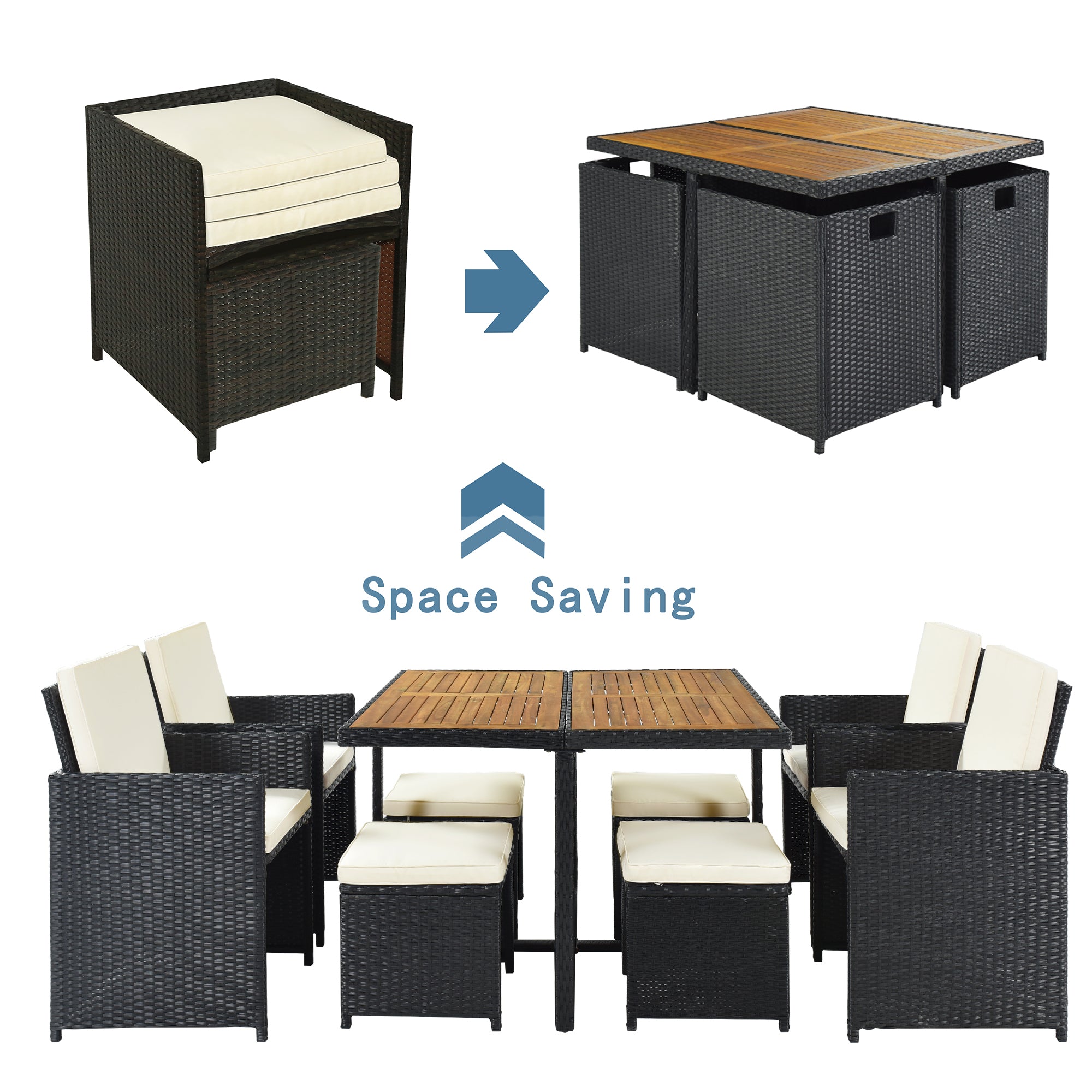 Ensemble de salle à manger TOPMAX Patio en osier PE toutes saisons avec plateau en bois pour 8 personnes, rotin noir et coussin beige (9 pièces)