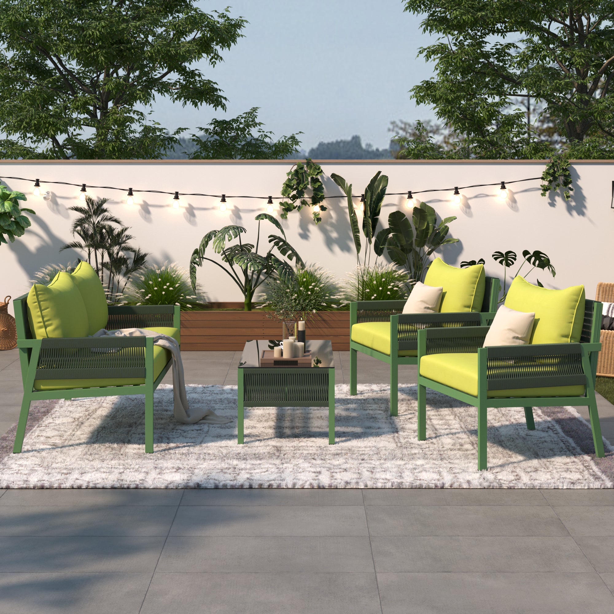 Outdoor Furniture with Tempered Glass Table, Set Deep Seating with Thick Cushion (Fluorescent Yellow & Green)