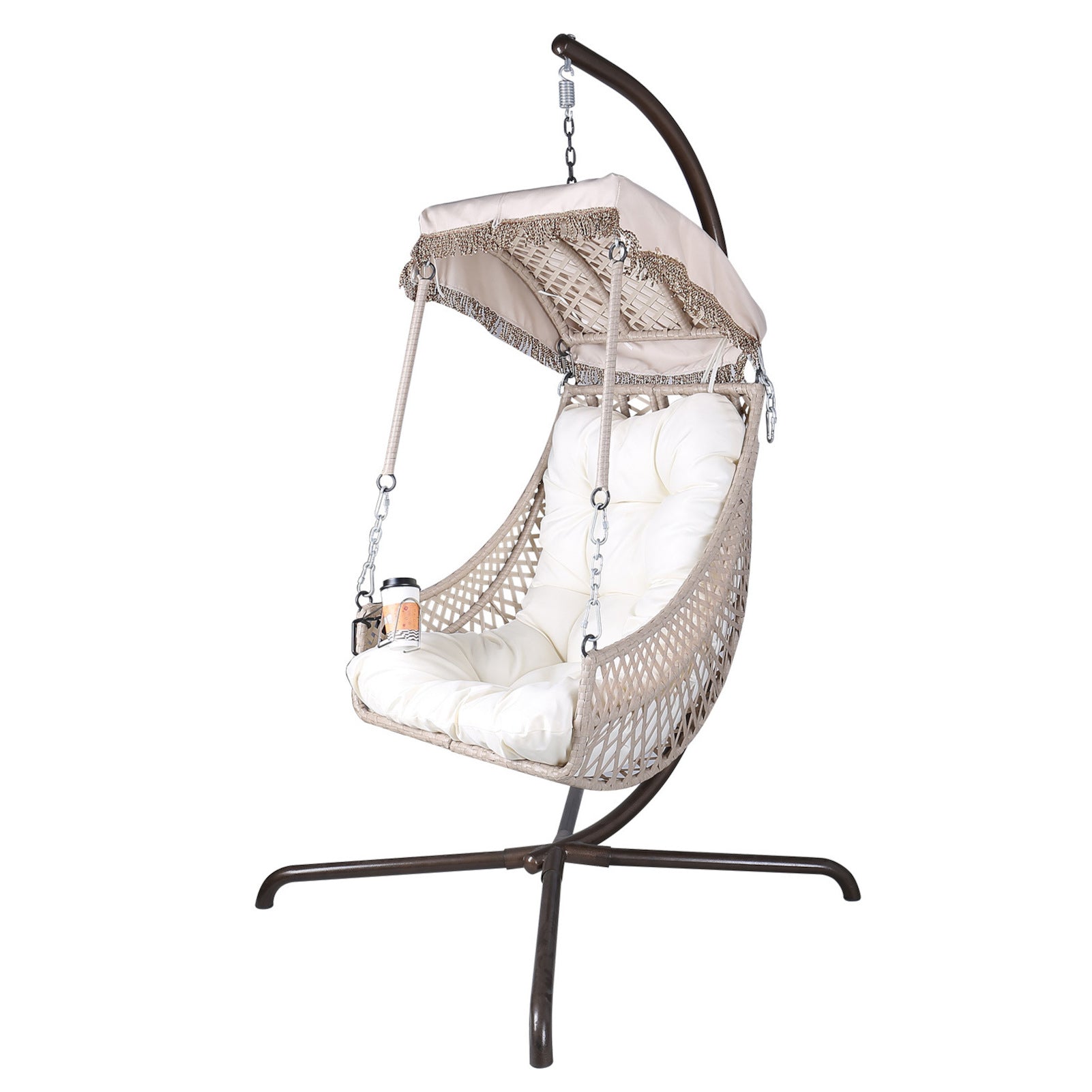 Chaise pivotante avec support, cadre en rotin et osier, capacité de 158 kg, pour patio, chambre à coucher, avec pare-soleil
