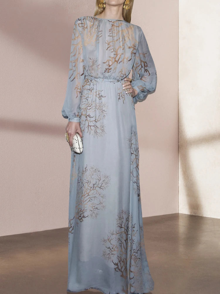 Robe d'été élégante pour femme, tenue de soirée élégante, taille haute, manches lanternes, bleu, imprimé