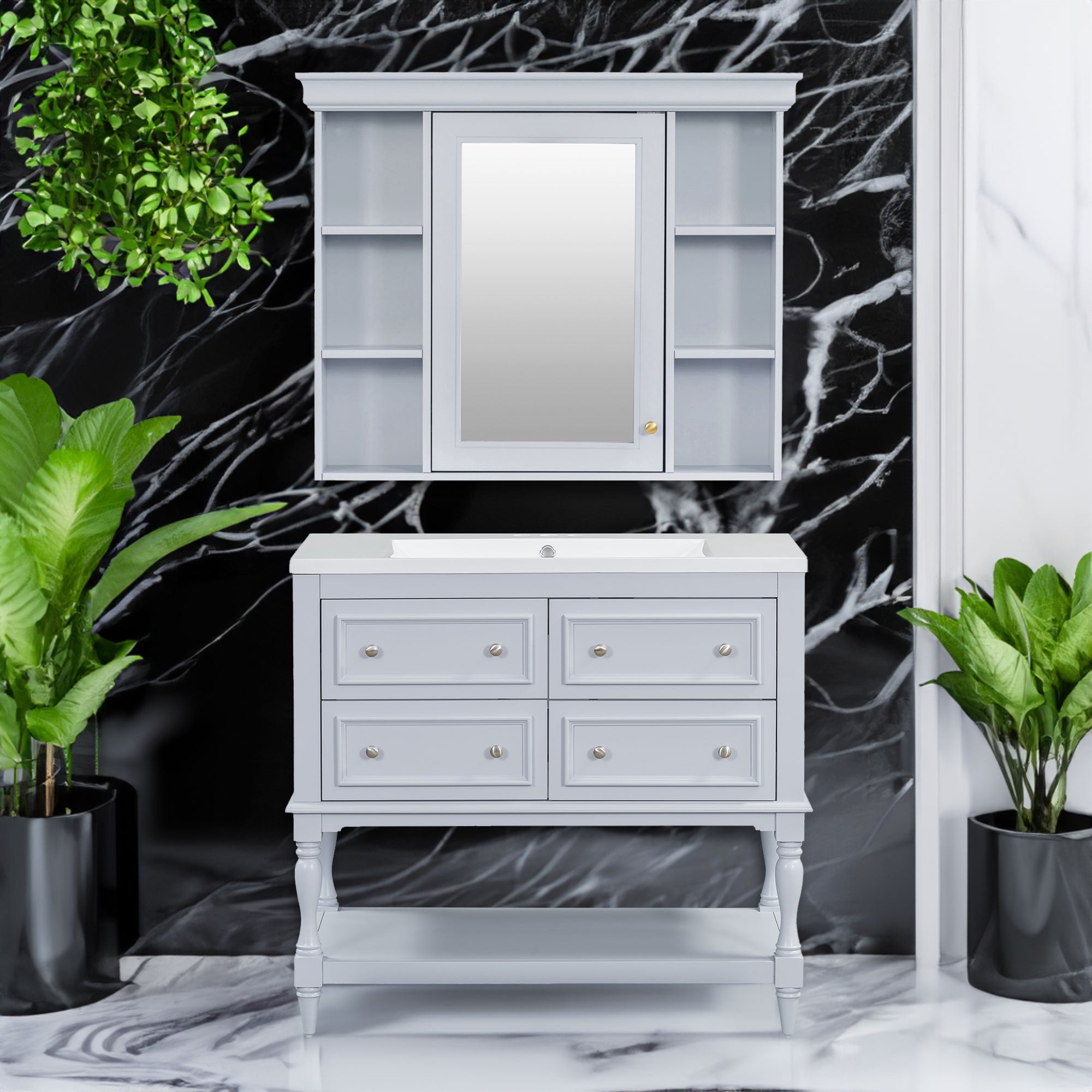 Meuble-lavabo de salle de bain 36'' avec armoire à pharmacie, armoire à miroir moderne avec étagère réglable, meuble de rangement de salle de bain avec 4 tiroirs