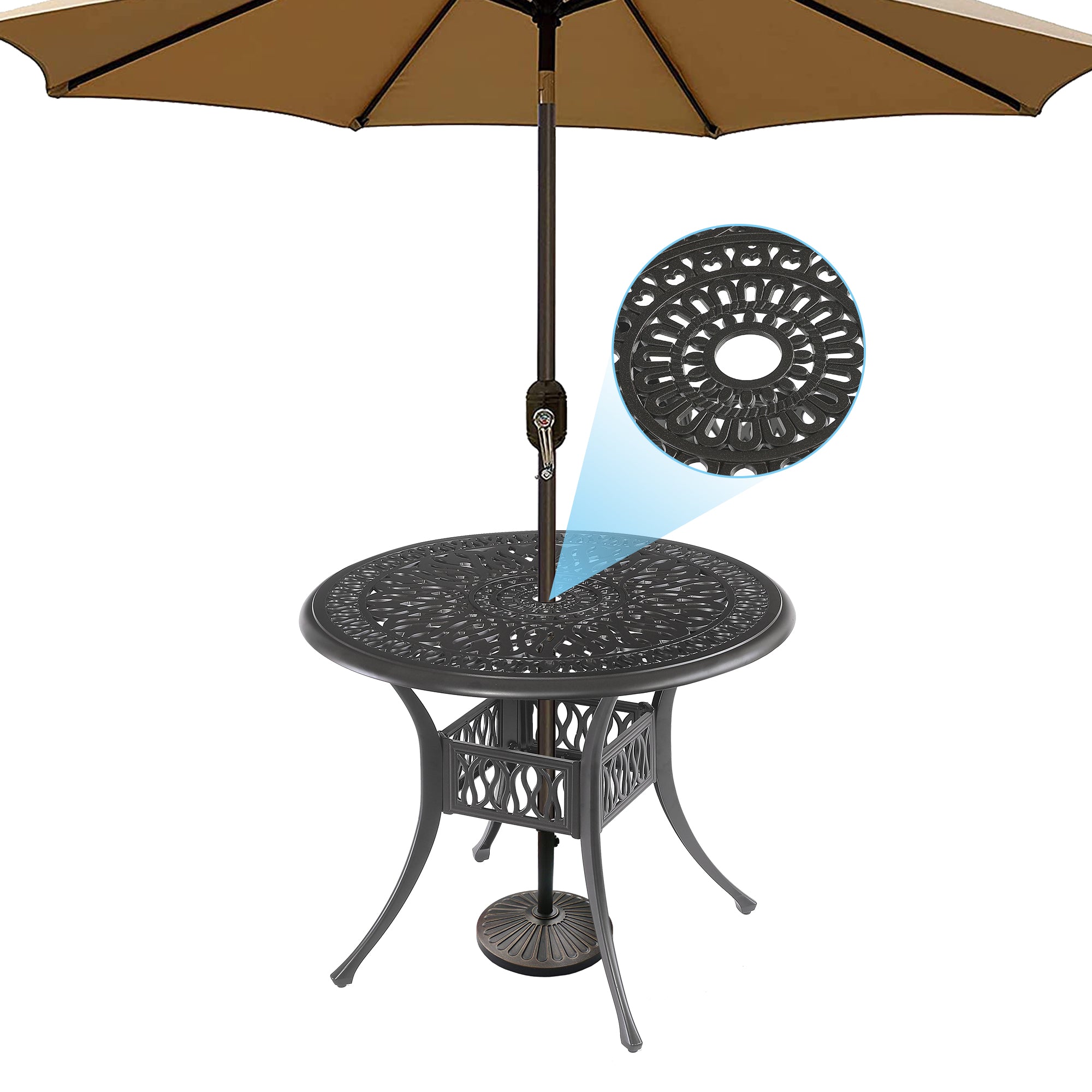 Ensemble de 5 tables à manger pour meubles d'extérieur comprenant 1 table ronde et 4 chaises avec trou pour parasol