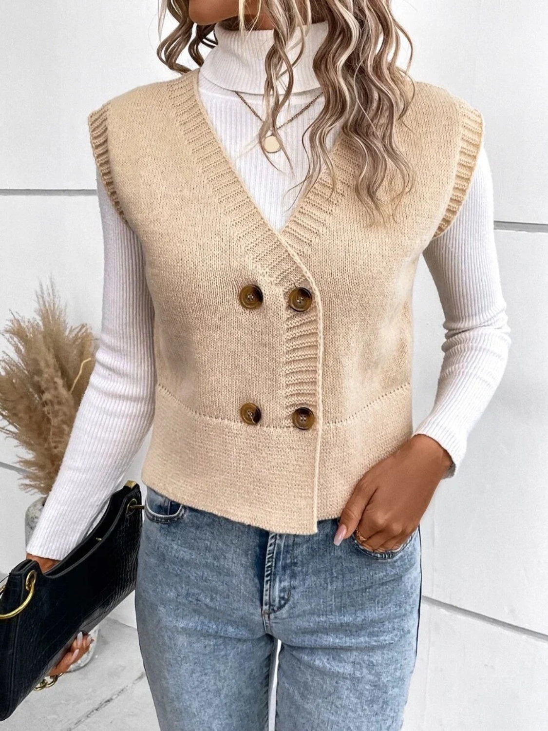 Gilet pull boutonné à col en V pleine grandeur
