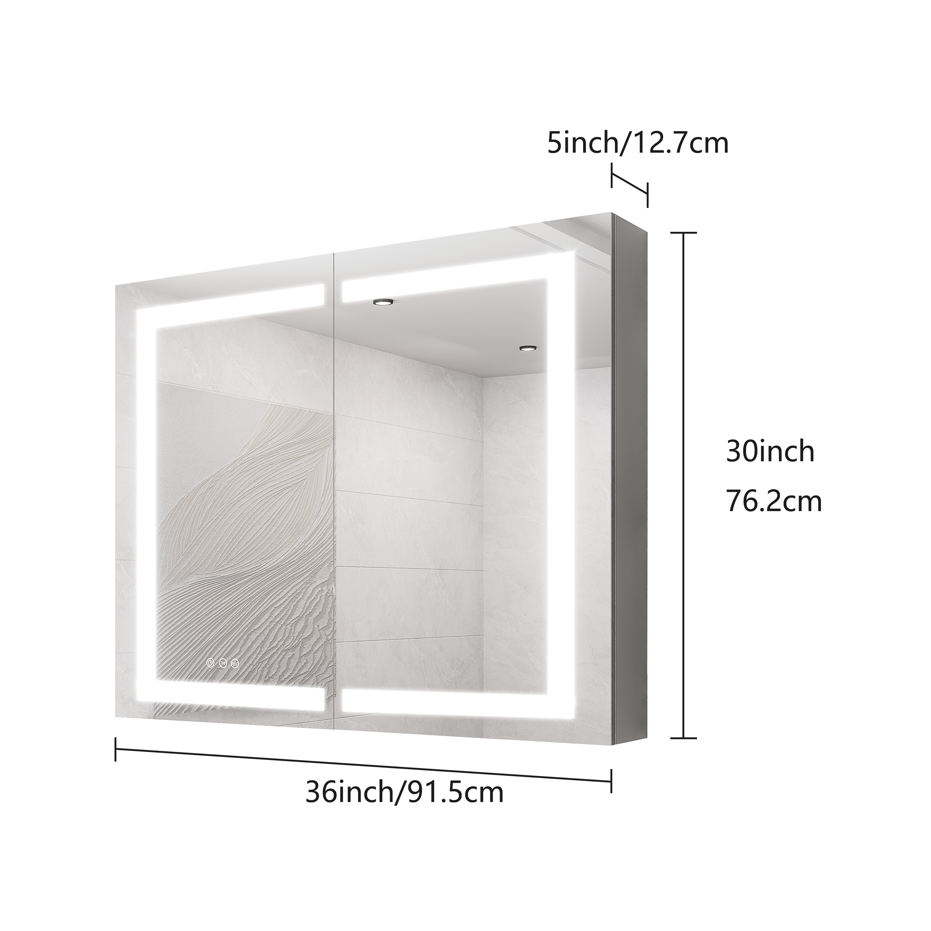 Armoire à pharmacie 36 x 30 pouces avec miroir de courtoisie à LED, antibuée, encastrée ou en saillie, étanche, à intensité variable, en aluminium, avec éclairage 3000 K ~ 6000 K, double porte et interrupteur tactile.