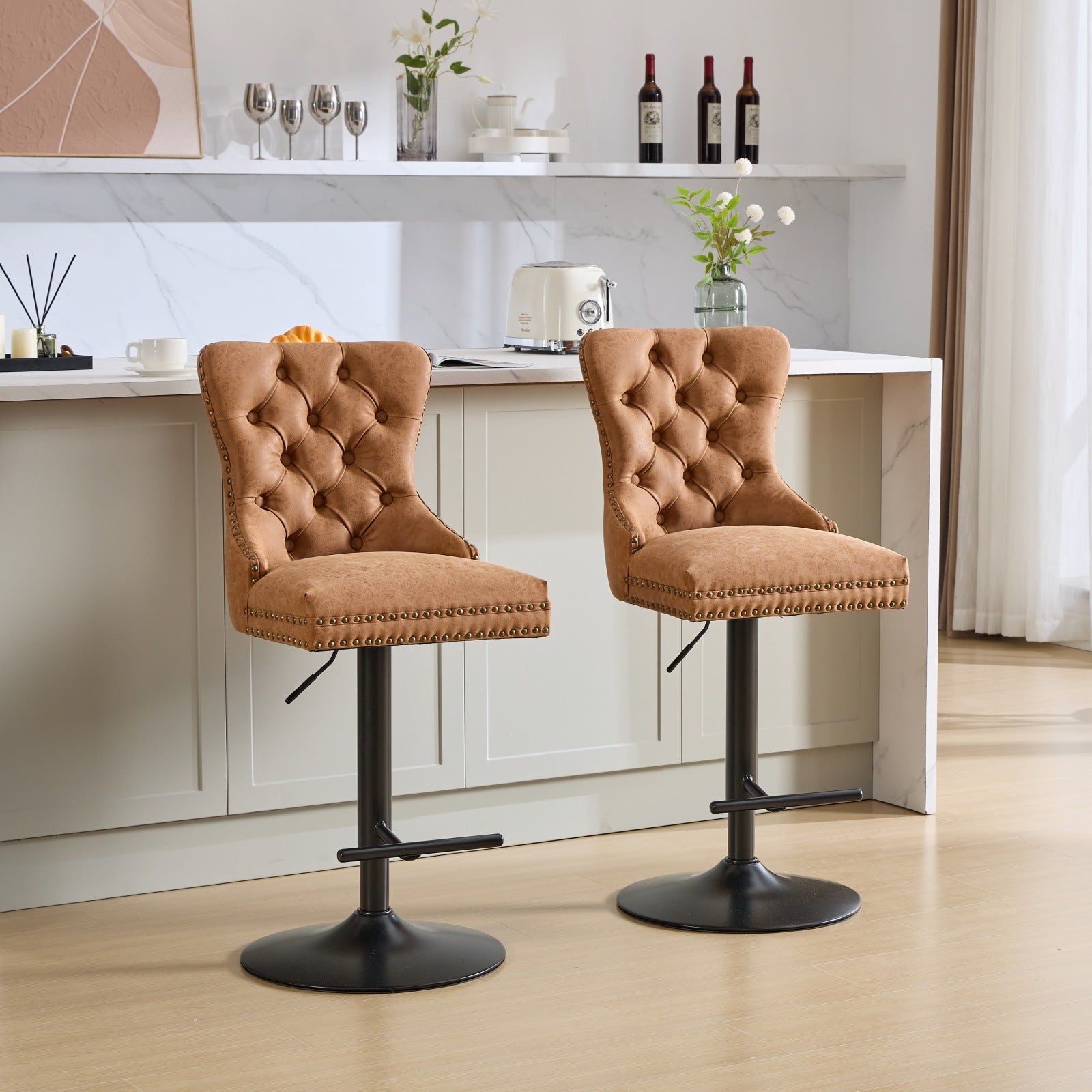 Tabouret de bar rotatif vintage en PU, hauteur d'assise réglable de 25 à 33 pouces, tabouret de bar moderne (orange, ensemble de 2 pièces)
