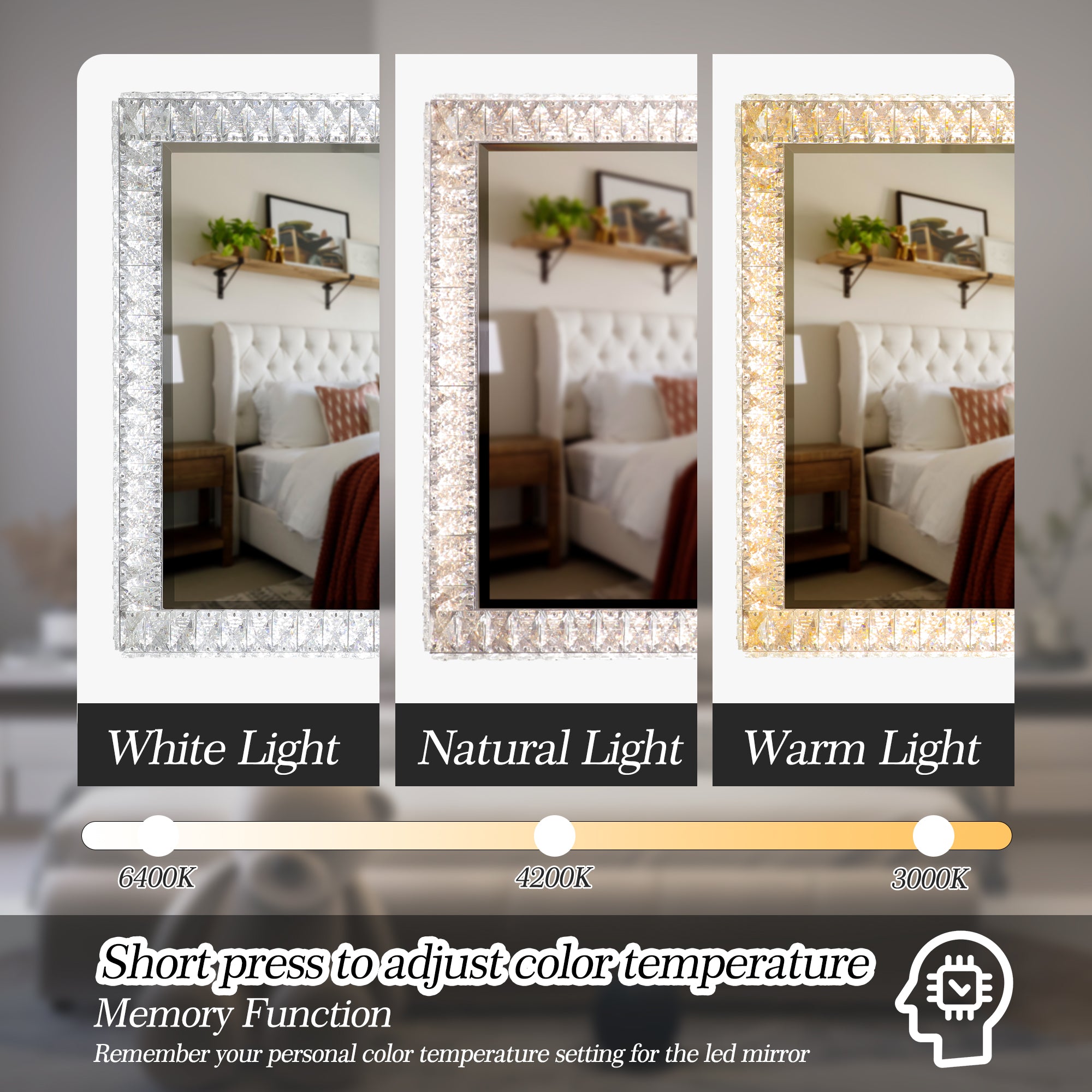 Miroir lumineux LED en cristal avec lumières à intensité variable