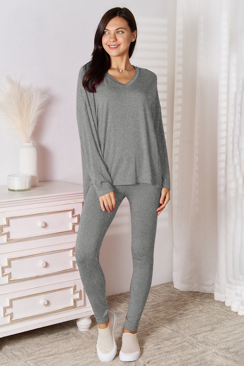 Ensemble de détente basique Bae Bamboo, haut à manches longues et pantalon à col en V, grande taille