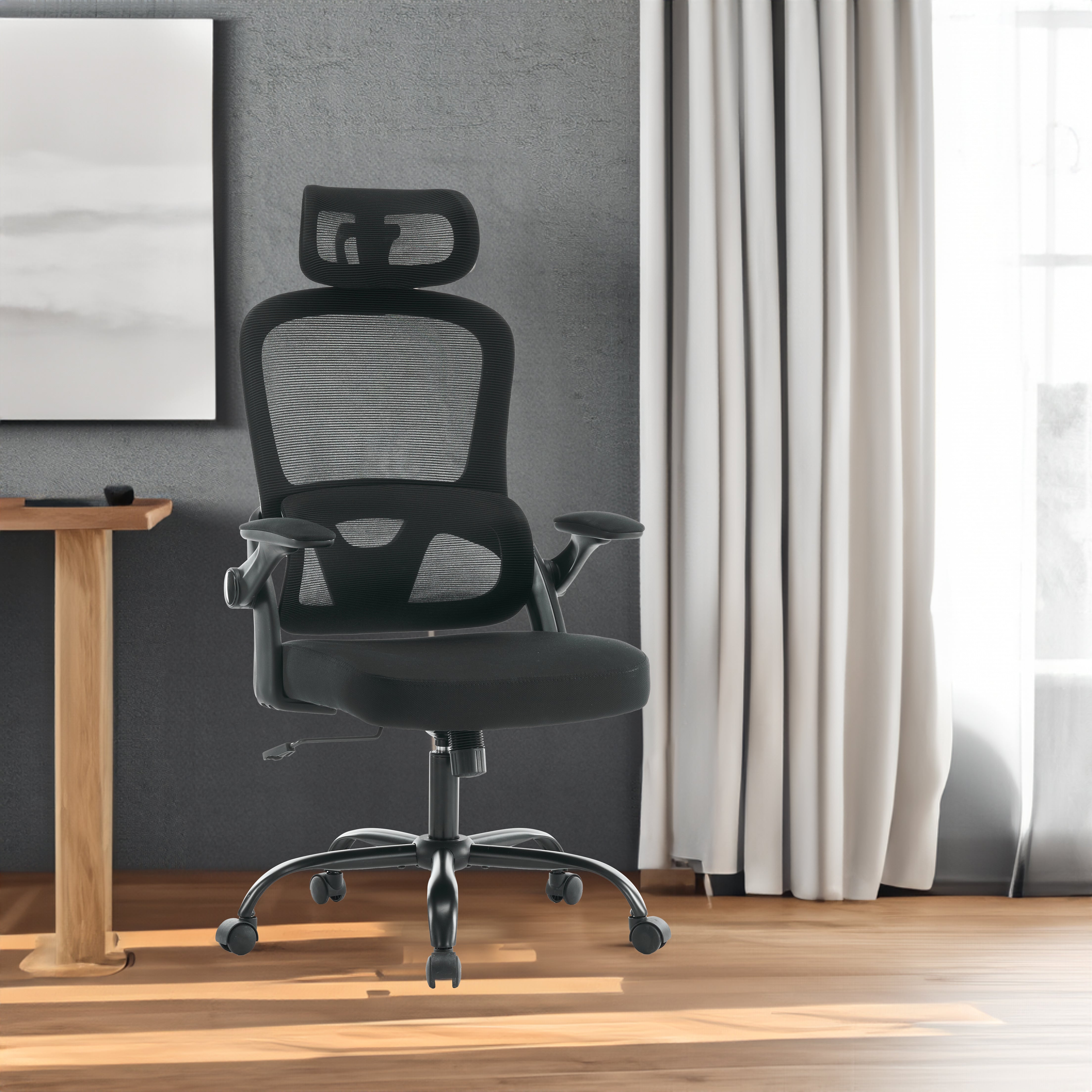 Chaise de bureau à dossier haut en maille avec accoudoirs 3D, chaise de travail d'ordinateur rotative avec appui-tête réglable 2D, fonction d'inclinaison noire