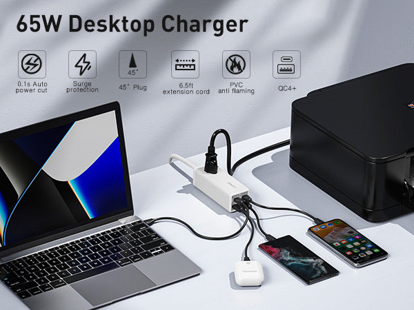 Chargeur USB C, station de charge USB GaN 5 en 1 MANTO 65 W, chargeur ultra rapide avec 2 ports USB C, 2 ports USB et 1 prise