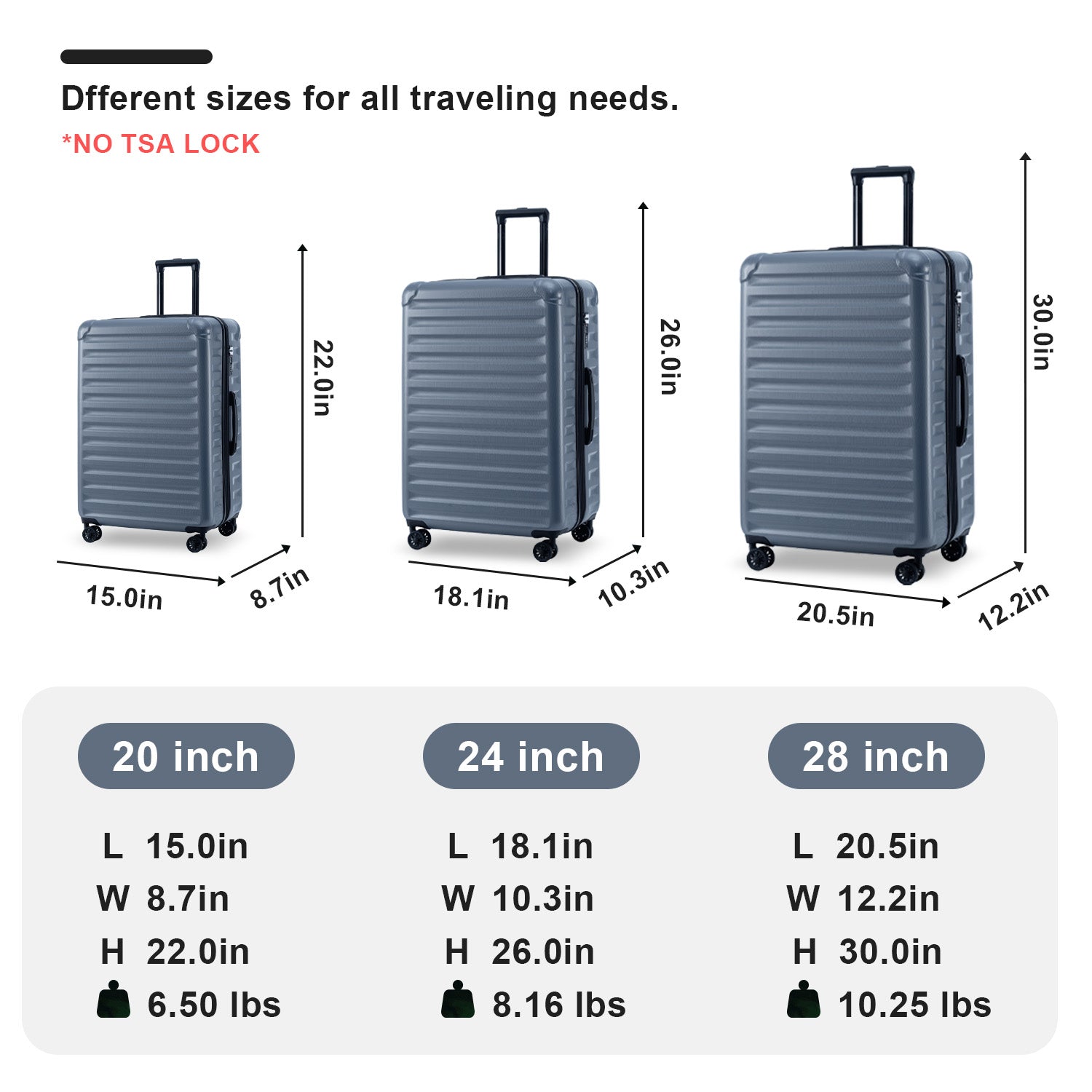 Ensemble de bagages extensibles, nouveau modèle, ABS et PC, 3 pièces, avec roulettes pivotantes, serrure TSA légère (20/24/28), gris acier