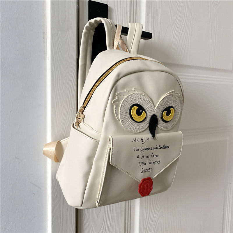 Cute Owl and Letter Casual Small Bag Women Girls Bag Beige PU Leather Backpack School Bag Shoulders Bag Gift