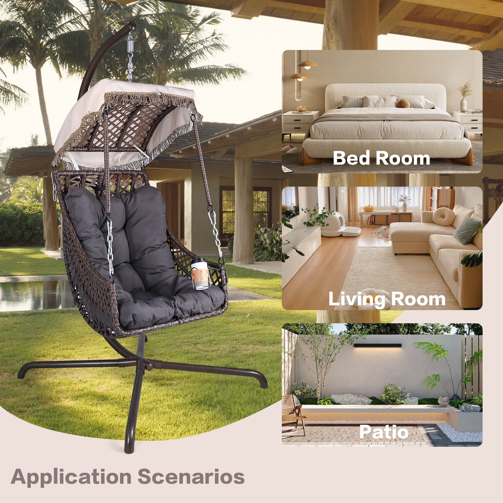 Chaise hamac pivotante avec support, cadre en rotin et osier, capacité de 350 lb