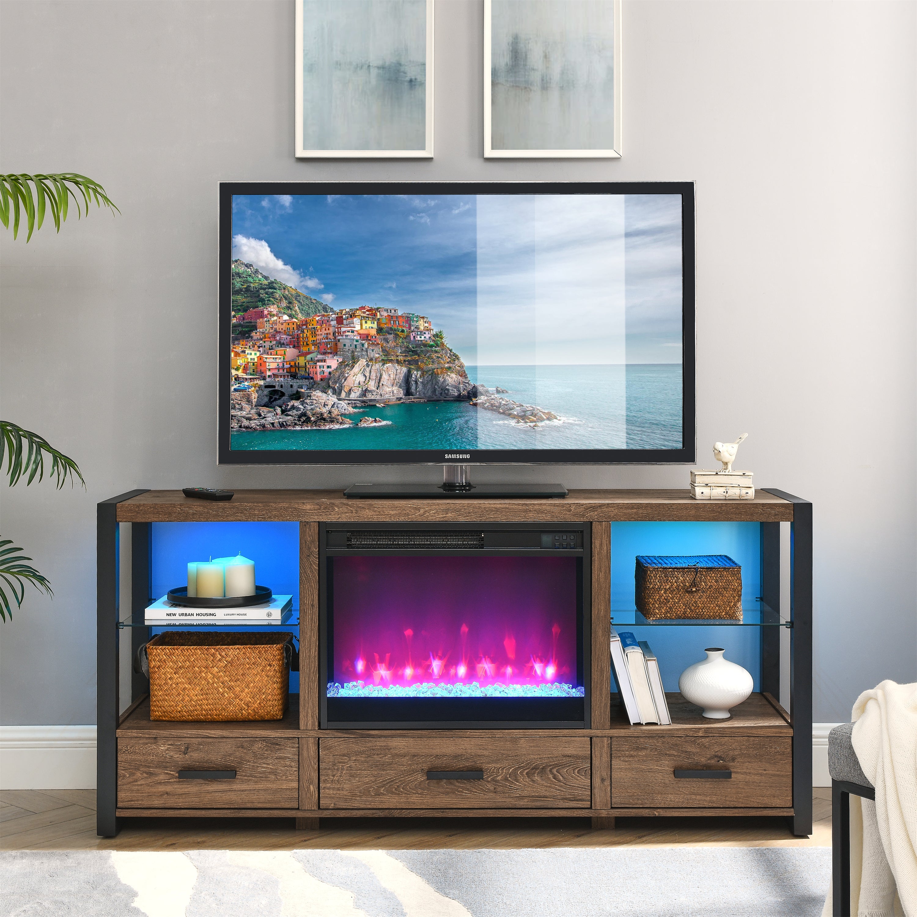 Meuble TV multimédia avec foyer électrique de 60 pouces et lumières LED colorées synchronisées - Couleur bois de grange recyclé